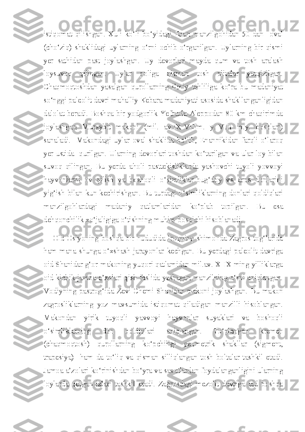 istiqomat   qilishgan.   Xuli   ko‘li   bo‘yidagi   Enan   manzilgohidan   50   dan     oval
(cho‘ziq)   shaklidagi   uylarning   o‘rni   ochib   o‘rganilgan.   Uylarning   bir   qismi
yer   sathidan   past   joylashgan.   Uy   devorlari   mayda   qum   va   tosh   aralash
loysuvoq   qilingan.   Uylar   poliga   qisman   tosh   plitalar   yotqizilgan.
Chaqmoqtoshdan   yasalgan   qurollarning   ilmiy   tahliliga   ko‘ra   bu   madaniyat
so‘nggi paleolit davri mahalliy Kebara madaniyati asosida shakllanganligidan
dalolat beradi. Boshqa bir yodgorlik Yefratda Aleppodan 80 km chaqirimda
joylashgan   Muraybit   makoni   (mil.   av.IX-VIIIm.   y.-VIII   m.y.   boshlari)
sanaladi.     Makondagi   uylar   oval   shaklida   bo‘lib,   Enannikidan   farqli   o‘laroq
yer ustida   qurilgan. Ularning devorlari toshdan ko‘tarilgan va   ular   loy bilan
suvoq   qilingan.   Bu   yerda   aholi   pasttekisliklarda   yashovchi   tuyoli   yovvoyi
hayvonlarni   ov   qilish   va   boshoqli   o‘simliklar-bug‘doy   va   arpa   donlarini
yig‘ish bilan kun kechirishgan. Bu turdagi o‘simliklarning donlari qoldiqlari
manzilgohlardagi   madaniy   qatlamlaridan   ko‘plab   topilgan.   Bu   esa
dehqonchilik xo‘jaligiga o‘tishning muhim bosqichi hisoblanadi.
Old Osiyoning boshqa bir hududida Iroqning shimolida Zagros tog‘larida
ham mana shunga o‘xshash jarayonlar kechgan. Bu yerdagi paleolit davriga
oid Shanidar g‘or-makoning yuqori qatlamidan mil.av. X-IX ming yilliklarga
oid kichik jamoa a’zolari qish faslida yashagan manzilning o‘rni aniqlangan.
Vodiyning   pastrog‘ida   Zevi-Chemi-Shanidar   makoni   joylashgan.   Bu   makon
zagrosliklarning   yoz   mavsumida   istiqomat   qiladigan   manzilli   hisoblangan.
Makondan   yirik   tuyoqli   yavvoyi   hayvonlar   suyaklari   va   boshoqli
o‘simliklarning   don   qoldiqlari   aniqlangan.   To‘plangan   kremen
(chaqmoqtosh)   qurollarning   ko‘pchiligi   geometrik   shakllar   (sigment,
trapesiya)     ham   da   to‘liq   va   qisman   silliqlangan   tosh   boltalar   tashkil   etadi.
Jamoa a’zolari ko‘rinishdan bo‘yra va savatlardan foydalanganligini ularning
loylarda   qolgan   izlari   tashkil   etadi.   Zagrosdagi   mezolit   davriga   oid   boshqa 