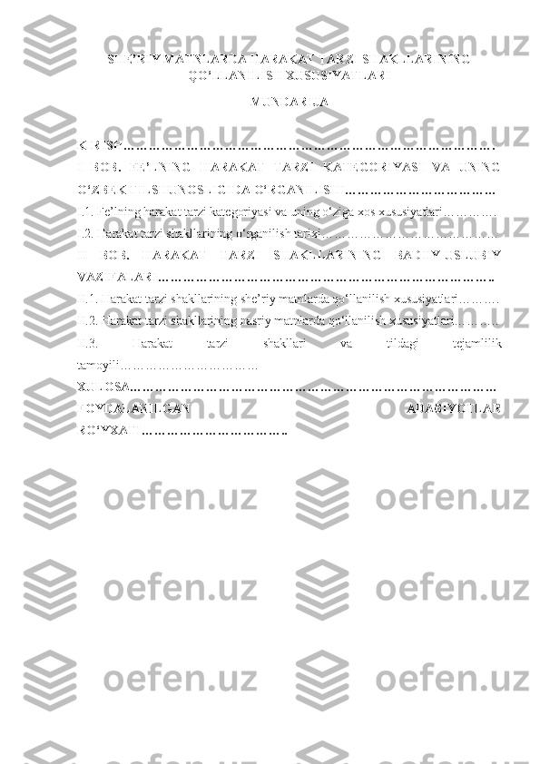 SHE’RIY MATNLARDA HARAKAT TARZI SHAKLLARINING
QO‘LLANILISH XUSUSIYATLARI
MUNDARIJA
KIRISH…………………………………………………………………………….
I   BOB.   FE’LNING   HARAKAT   TARZI   KATEGORIYASI   VA   UNING
O‘ZBEK TILSHUNOSLIGIDA O‘RGANILISHI………………………………
I.1. Fe’lning harakat tarzi kategoriyasi va uning o‘ziga xos xususiyatlari………….
I.2. Harakat tarzi shakllarining o‘rganilish tarixi……………………………………
II   BOB.   HARAKAT   TARZI   SHAKLLARINING   BADIIY-USLUBIY
VAZIFALARI……………………………………………………………………..
II.1. Harakat tarzi shakllarining she’riy matnlarda qo‘llanilish xususiyatlari……….
II.2. Harakat tarzi shakllarining nasriy matnlarda qo‘llanilish xususiyatlari………..
II.3.   Harakat   tarzi   shakllari   va   tildagi   tejamlilik
tamoyili……………………………
XULOSA……………………………………………………………………………
FOYDALANILGAN   ADABIYOTLAR
RO‘YXATI……………………………..
         