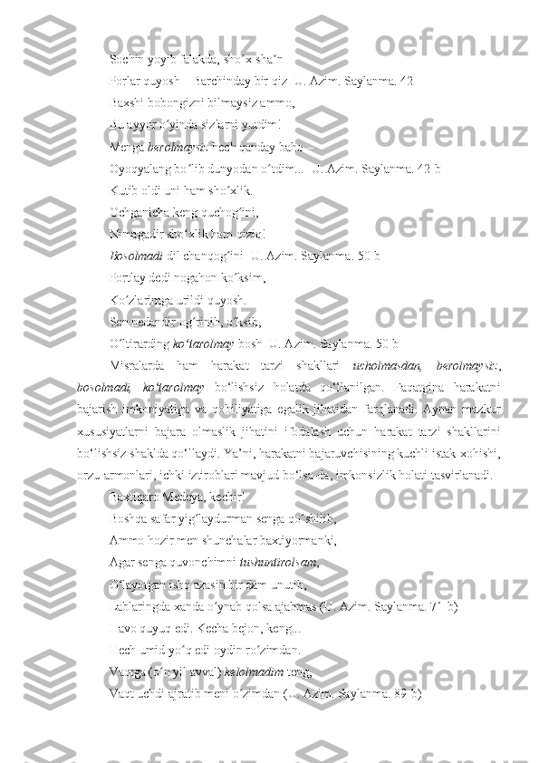 Sochin yoyib falakda, sho x-sha n ʻ ʼ
Porlar quyosh – Barchinday bir qiz [U. Azim. Saylanma. 42-]
Baxshi bobongizni bilmaysiz ammo,   
Bu ayyor o yinda sizlarni yutdim! 	
ʻ
Menga  berolmaysiz  hech qanday baho –
Oyoqyalang bo lib dunyodan o tdim...	
ʻ ʻ  [U. Azim. Saylanma. 42-b]  
Kutib oldi uni ham sho xlik.  	
ʻ
Ochganicha keng quchog ini,   	
ʻ
Nimagadir sho xlik ham qiziq! 	
ʻ
Bosolmadi  dil chanqog ini	
ʻ  [U. Azim. Saylanma. 50-b]
Portlay dedi nogahon ko ksim,   
ʻ
Ko zlarimga urildi quyosh.   	
ʻ
Sen nedandir og rinib, o ksib,   	
ʻ ʻ
O ltirarding 	
ʻ ko tarolmay	ʻ  bosh  [U. Azim. Saylanma. 50-b]
Misralar da   ham   harakat   tarzi   shakllari   ucholmasdan,   berolmaysiz ,
bosolmadi,   ko tarolmay  	
ʻ bo‘lishsiz   holatda   qo‘llanilgan.   Faqatgina   harakatni
bajarish   imkoniyatiga   va   qobiliyatiga   egalik   jihatidan   farqlanadi.   Aynan   mazkur
xususiyatlarni   bajara   olmaslik   jihatini   ifodalash   uchun   harakat   tarzi   shakllarini
bo‘lishsiz shaklda qo‘llaydi. Ya’ni, harakatni bajaruvchisining kuchli istak-xohishi,
orzu-armonlari, ichki iztiroblari mavjud bo‘lsa-da, imkonsizlik holati tasvirlanadi. 
Baxtiqaro Medeya, kechir!
Boshqa safar yig laydurman senga qo shilib,  	
ʻ ʻ
Ammo hozir men shunchalar baxtiyormanki,  
Agar senga quvonchimni  tushuntirolsam ,  
O layotgan ishq azasin bir dam unutib,  	
ʻ
Lablaringda xanda o ynab qolsa ajabmas (U. Azim. Saylanma. 71-b)	
ʻ
Havo quyuq edi. Kecha bejon, keng...      
Hech umid yo q edi oydin ro zimdan.   	
ʻ ʻ
Vaqtga (o n yil avval) 	
ʻ kelolmadim  teng,  
Vaqt uchdi ajratib meni o zimdan (U. Azim. Saylanma. 	
ʻ 89 -b) 
