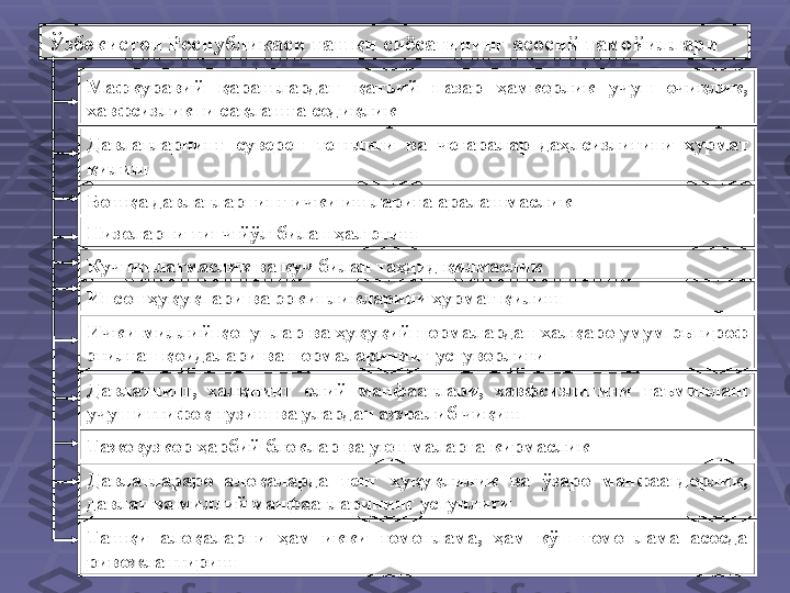 Ўзбекистон Респ убликаси  ташқи сиёсатининг асосий тамойиллари  
Мафкуравий  қарашлардан  қатъий  назар  ҳамкорлик  учун  очиқлик, 
хавфсизликни сақлашга содиқлик
Давлатларнинг  суверен  тенглиги  ва  чегаралар  да ҳ лсизлигини  ҳурмат 
қилиш
Бошқа давлатларнинг ички ишларига аралашмаслик
Низоларни  тин ч йўл билан ҳал этиш
Куч ишлатмаслик ва куч билан таҳдид қилмаслик
Инсон ҳуқуқпари ва эркинликларини ҳурмат қилиш
Ички  миллий  қонунлар  ва  ҳуқуқий  нормалардан  халқаро  умум  эътироф 
этилган қоидалари ва нормаларинииг устуворлиги
Давлатнинг,  халқнинг  олий  манфаатлари,  хавфсизлигини  таъминлаш 
учун иттифоқ тузиш ва улардан ажралиб чиқиш
Тажовузкор ҳарбий блоклар ва уюшмаларга кирмасл ик
Давлатлараро  алоқаларда  тенг  ҳуқуқлилик  ва  ўзаро  манфаатдорлик, 
давлат   ва миллий манфаатларининг устунлиги
Ташқи  алоқаларни  ҳам  икки  томонлама,  ҳам  кўп  томонлама  асосда 
ривожлантириш 