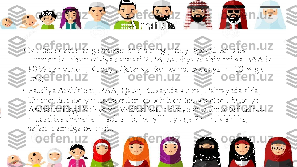 Aholisi
•
Mintaqa davlatlariga shahar aholisining juda yuqori ulushi xos. 
Ummonda urbanizatsiya darajasi 75 %, Saudiya Arabistoni va BAAda 
80 % dan yuqori, Kuvayt, Qatar va Bahraynda esa deyarli 100 % ga 
teng.
•
Saudiya Arabistoni, BAA, Qatar, Kuvaytda sunna, Bahraynda shia, 
Ummonda ibodiy musulmonlari ko'pchilikni tashkil etadi. Saudiya 
Arabistonidagi Makka va Madina butun dunyo musulmonlari uchun 
muqaddas shaharlar hisoblanib, har yili u yerga 2 mln. kishi haj 
safarini amalga oshiradi. 