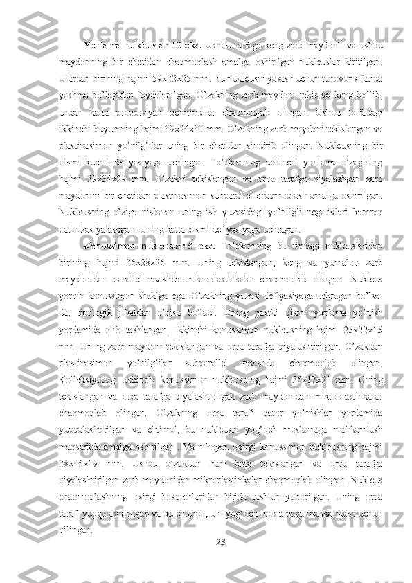 Yonlama   nukleuslar-10   ekz.   Ushbu   toifaga   keng  zarb   maydonli   va   ushbu
maydonning   bir   chetidan   chaqmoqlash   amalga   oshirilgan   nukleuslar   kiritilgan.
Ulardan birining hajmi  59x32x25 mm. Bu nukleusni yasash uchun tanovor sifatida
yashma   bo’lagidan   foydalanilgan.   O’zakning   zarb   maydoni   tekis   va   keng   bo’lib,
undan   kalta   proporsiyali   uchirindilar   chaqmoqlab   olingan.   Ushbu   toifadagi
ikkinchi buyumning hajmi 39x24x30 mm. O’zakning zarb maydoni tekislangan va
plastinasimon   yo’nilg’ilar   uning   bir   chetidan   sindirib   olingan.   Nukleusning   bir
qismi   kuchli   deflyasiyaga   uchragan.   To’plamning   uchinchi   yonlama   o’zagining
hajmi   39x34x29   mm.   O’zakni   tekislangan   va   orqa   tarafga   qiyalashgan   zarb
maydonini bir chetidan plastinasimon subparallel chaqmoqlash amalga oshirilgan.
Nukleusning   o’ziga   nisbatan   uning   ish   yuzasidagi   yo’nilg’i   negativlari   kamroq
patinizasiyalashgan. Uning katta qismi deflyasiyaga uchragan.
Konussimon   nukleuslar-5   ekz.   To’plamning   bu   tipdagi   nukleuslaridan
birining   hajmi   36x28x26   mm.   Uning   tekislangan,   keng   va   yumaloq   zarb
maydonidan   parallel   ravishda   mikroplastinkalar   chaqmoqlab   olingan.   Nukleus
yorqin   konussimon   shaklga   ega.   O’zakning   yuzasi   deflyasiyaga   uchragan   bo’lsa-
da,   tipologik   jihatdan   o’qisa   bo’ladi.   Uning   pastki   qismi   yonlama   yo’nish
yordamida   olib   tashlangan.   Ikkinchi   konussimon   nukleusning   hajmi   25x22x15
mm.   Uning   zarb   maydoni   tekislangan   va   orqa   tarafga   qiyalashtirilgan.   O’zakdan
plastinasimon   yo’nilg’ilar   subparallel   ravishda   chaqmoqlab   olingan.
Kolleksiyadagi   uchinchi   konussimon   nukleusning   hajmi   36x17x21   mm.   Uning
tekislangan   va   orqa   tarafga   qiyalashtirilgan   zarb   maydonidan   mikroplastinkalar
chaqmoqlab   olingan.   O’zakning   orqa   tarafi   qator   yo’nishlar   yordamida
yupqalashtirilgan   va   ehtimol,   bu   nukleusni   yog’och   moslamaga   mahkamlash
maqsadida  amalga  oshirilgan .  Va  nihoyat, oxirgi  konussimon  nukleusning  hajmi
38x16x19   mm.   Ushbu   o’zakdan   ham   bitta   tekislangan   va   orqa   tarafga
qiyalashtirilgan zarb maydonidan mikroplastinkalar chaqmoqlab olingan. Nukleus
chaqmoqlashning   oxirgi   bosqichlaridan   birida   tashlab   yuborilgan.   Uning   orqa
tarafi yupqalashtirilgan va bu ehtimol, uni yog’och moslamaga mahkamlash uchun
qilingan.
23 