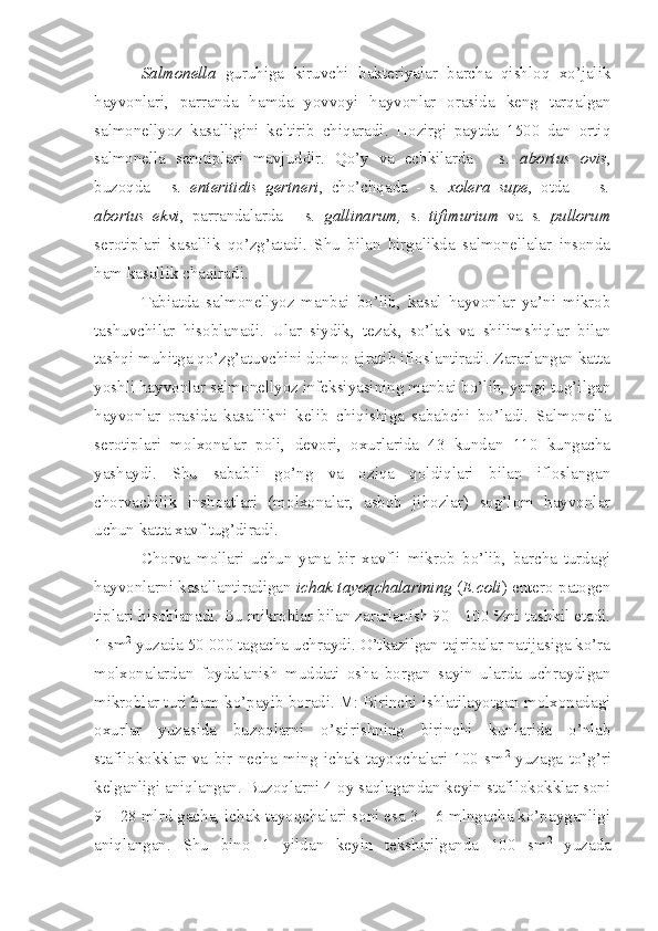 Salmonella   guruhiga   kiruvchi   bakteriyalar   barcha   qishloq   xo’jalik
hayvonlari,   parranda   hamda   yovvoyi   hayvonlar   orasida   keng   tarqalgan
salmonellyoz   kasalligini   keltirib   chiqaradi.   Hozirgi   paytda   1500   dan   ortiq
salmonella   serotiplari   mavjuddir.   Qo’y   va   echkilarda   -   s .   abortus   ovis ,
buzoqda   -   s .   enteritidis   gertneri ,   cho’chqada   -   s .   xolera   supe ,   otda   -     s .
abortus   ekvi ,   parrandalarda   -   s .   gallinarum,   s.   tifimurium   va   s .   pullorum
serotiplari   kasallik   qo’zg’atadi.   Shu   bilan   birgalikda   salmonellalar   insonda
ham kasallik chaqiradi. 
Tabiatda   salmonellyoz   manbai   bo’lib,   kasal   hayvonlar   ya’ni   mikrob
tashuvchilar   hisoblanadi.   Ular   siydik,   tezak,   so’lak   va   shilimshiqlar   bilan
tashqi muhitga qo’zg’atuvchini doimo ajratib ifloslantiradi. Zararlangan katta
yoshli hayvonlar salmonellyoz infeksiyasining manbai bo’lib, yangi tug’ilgan
hayvonlar   orasida   kasallikni   kelib   chiqishiga   sababchi   bo’ladi.   Salmonella
serotiplari   molxonalar   poli,   devori,   oxurlarida   43   kundan   110   kungacha
yashaydi.   Shu   sababli   go’ng   va   oziqa   qoldiqlari   bilan   ifloslangan
chorvachilik   inshoatlari   (molxonalar,   asbob   jihozlar)   sog’lom   hayvonlar
uchun katta xavf tug’diradi.
Chorva   mollari   uchun   yana   bir   xavfli   mikrob   bo’lib,   barcha   turdagi
hayvonlarni kasallantiradigan   ichak tayoqchalarining  ( E.coli ) entero patogen
tiplari hisoblanadi. Bu mikroblar bilan zararlanish 90 - 100 %ni tashkil etadi.
1 sm 2
 yuzada 50   000 tagacha uchraydi. O’tkazilgan tajribalar natijasiga ko’ra
molxonalardan   foydalanish   muddati   osha   borgan   sayin   ularda   uchraydigan
mikroblar turi ham ko’payib boradi. M: Birinchi ishlatilayotgan molxonadagi
oxurlar   yuzasida   buzoqlarni   o’stirishning   birinchi   kunlarida   o’nlab
stafilokokklar   va   bir   necha   ming   ichak   tayoqchalari   100   sm 2
  yuzaga   to’g’ri
kelganligi aniqlangan. Buzoqlarni 4 oy saqlagandan keyin stafilokokklar soni
9 – 28 mlrd gacha, ichak tayoqchalari soni esa 3 – 6 mlngacha ko’payganligi
aniqlangan.   Shu   bino   1   yildan   keyin   tekshirilganda   100   sm 2
  yuzada 