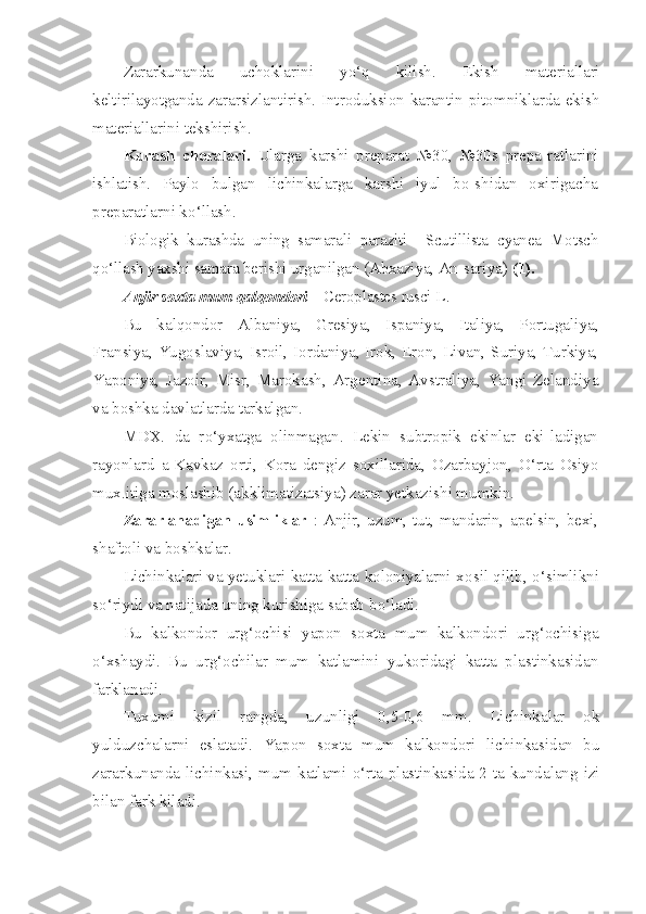 Zararkunanda   uchoklarini   y o‘q   kilish.   Ekish   materiallari
keltirilayotganda zararsizlantirish. Introduksion-karantin pitomniklarda ekish
materiallarini tekshirish.
Kurash   choralari.   Ularga   karshi   preparat   №30,   №30s   prepa- ratlarini
ishlatish.   Paylo   bulgan   lichinkalarga   karshi   iyul   bo-shidan   oxirigacha
preparatlarni k o‘ llash.
Biologik   kurashda   uning   samarali   paraziti     Scutillista   cyanea   Motsch
qo‘llash yaxshi samara berishi  u r g anilgan (Abxaziya, An- sariya)  (1).
Anjir soxta mum  q al q ondori  –  Ceroplastes   rusci   L .
Bu   kal qo ndor   Albaniya,   Gresiya,   Ispaniya,   Italiya,   Portuga liya,
Fransiya, Yugoslaviya, Isroil, Iordaniya, Irok, Eron, Li van, Suriya, Turkiya,
Yaponiya,   Jazoir,   Misr,   Marokash,   Argenti na,   Avstraliya,   Yangi   Zelandiya
va boshka davlatlarda tarkalgan.
MDX.   da   r o‘ yxatga   olinmagan.   Lekin   subtropik   ekinlar   eki-ladigan
rayonlard   a-Kavkaz   orti,   Kora   dengiz   soxillarida,   Ozarbayjon,   O‘ rta   Osiyo
mux.itiga moslashib (akklimatizatsiya) zarar yetkazishi mumkin.
Zararlanadigan   usimliklar   :   Anjir,   uzum,   tut,   mandarin,   apelsin,   bexi,
shaftoli va boshkalar.
Lichinkalari va yetuklari katta-katta koloniyalarni x o sil   q ilib,   o‘s imlikni
s o‘ riydi va natijada uning kurishiga sabab b o‘ ladi.
Bu   kalkondor   ur g‘ ochisi   yapon   soxta   mum   kalkondori   ur g‘ ochisiga
o‘ xshaydi.   Bu   urg‘ochilar   mum   katlamini   yukoridagi   katta   plastinkasidan
farklanadi.
Tuxumi   kizil   rangda,   uzunligi   0,5-0,6   mm.   Lichinkalar   ok
yulduzchalarni   eslatadi.   Yapon   soxta   mum   kalkondori   lichinkasidan   bu
zararkunanda lichinkasi, mum katlami   o‘ rta plastinkasida 2 ta kundalang izi
bilan fark kiladi. 