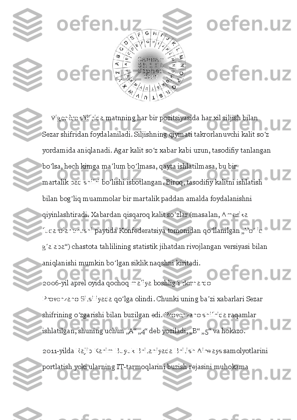                                          
      Vigenère shifrida   matnning har bir pozitsiyasida har xil siljish bilan 
Sezar shifridan foydalaniladi. Siljishning qiymati takrorlanuvchi kalit so ʻ z 
yordamida aniqlanadi. Agar kalit so ʻ z xabar kabi uzun, tasodifiy tanlangan 
bo ʻ lsa, hech kimga ma ʼ lum bo ʻ lmasa, qayta ishlatilmasa, bu bir 
martalik   pad shifri   bo ʻ lishi isbotlangan. Biroq, tasodifiy kalitni ishlatish 
bilan bog ʻ liq muammolar bir martalik paddan amalda foydalanishni 
qiyinlashtiradi. Xabardan qisqaroq kalit so ʻ zlar (masalan,   Amerika 
fuqarolar urushi   paytida Konfederatsiya tomonidan qo ʻ llanilgan „ To ʻ liq 
g ʻ alaba “) chastota tahlilining statistik jihatdan rivojlangan versiyasi bilan 
aniqlanishi mumkin bo ʻ lgan siklik naqshni kiritadi.
2006-yil aprel oyida qochoq   mafiya   boshlig ʻ i   Bernardo 
Provenzano   Sitsiliyada   qo ʻ lga olindi. Chunki uning ba ʼ zi xabarlari Sezar 
shifrining o ʻ zgarishi bilan buzilgan edi.   Provenzano shifrida   raqamlar 
ishlatilgan, shuning uchun „A“ „4“ deb yoziladi, „B“ „5“ va hokazo.
2011-yilda   Rajib Karim   Buyuk Britaniyada   British Airways   samolyotlarini 
portlatish yoki ularning IT-tarmoqlarini buzish rejasini muhokama  