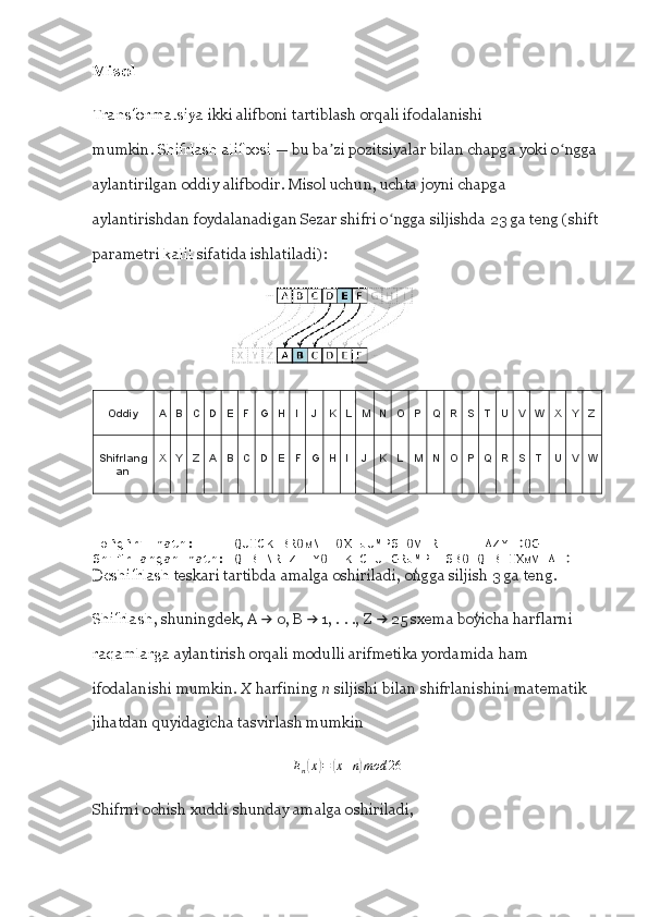 Misol
Transformatsiya   ikki alifboni tartiblash orqali ifodalanishi 
mumkin.   Shifrlash alifbosi   — bu ba ʼ zi pozitsiyalar bilan chapga yoki o ʻ ngga 
aylantirilgan oddiy alifbodir. Misol uchun, uchta joyni chapga 
aylantirishdan foydalanadigan Sezar shifri o ʻ ngga siljishda 23 ga teng (shift
parametri   kalit   sifatida ishlatiladi):
                                      
Oddiy A B C D E F G H I J K L M N O P Q R S T U V W X Y Z
Shifrlang
an X Y Z A B C D E F G H I J K L M N O P Q R S T U V W
To‘g‘ri matn: THE QUICK BROWN FOX JUMPS OVER THE LAZY DOG
Shifrlangan matn: QEB NRFZH YOLTK CLU GRJMP LSBO QEB IXWV ALD
Deshifrlash  teskari tartibda amalga oshiriladi, ongga siljish 3 ga teng.ʻ
Shifrlash , shuningdek, A   0, B   1, . . ., Z   25 sxema boyicha harflarni 	
→ → → ʻ
raqamlarga  aylantirish orqali modulli arifmetika yordamida ham 
ifodalanishi mumkin.  X  harfining  n  siljishi bilan shifrlanishini matematik 
jihatdan quyidagicha tasvirlash mumkin	
En(x)=	(x+n)mod	26
Shifrni ochish xuddi shunday amalga oshiriladi, 