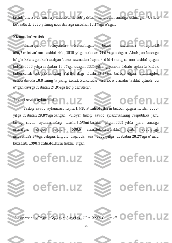 kichik   biznes   va   xususiy   tadbirkorlik   sub’yektlari   tomonidan   amalga   oshirilgan.   Ushbu
ko‘rsatkich 2020-yilning mos davriga nisbatan 12,1%ga o‘sgan.
Xizmat ko‘rsatish
Samarqand   viloyatida   ko‘rsatilgan   bozor   xizmatlari   hajmi   18
656,7   mlrd.so‘mni   tashkil etib, 2020-yilga nisbatan   21,6% ga   oshgan. Aholi jon boshiga
to‘g‘ri keladigan ko‘rsatilgan bozor xizmatlari hajmi   4 676,4   ming so‘mni tashkil qilgan
holda,   2020-yilga   nisbatan   19,2%ga   oshgan.2021-yilning   yanvar-dekabr   oylarida   kichik
tadbirkorlik   sub’yektlarining   YaHM   dagi   ulushi   73,4% ni   tashkil   etgan.   Shuningdek
ushbu davrda   10,8 ming   ta yangi kichik korxonalar va mikro firmalar tashkil qilindi, bu
o‘tgan davrga nisbatan   24,9 %ga ko‘p demakdir.
Tashqi savdo aylanmasi
Tashqi   savdo   aylanmasi   hajmi   1   920,9   mln.dollarni   tashkil   qilgan   holda,   2020-
yilga   nisbatan   28,8% ga   oshgan.   Viloyat   tashqi   savdo   aylanmasining   respublika   jami
tashqi   savdo   aylanmasidagi   ulushi   4,6%ni   tashkil   qilgan.2021-yilda   jami   amalga
oshirilgan   eksport   hajmi   –   530,6   mln.dollarni   tashkil   qilib,   2020-yilga
nisbatan   58,3% ga   oshgan.   Import   hajmida   esa   2020-yilga   nisbatan   20,2% ga   o‘sishi
kuzatilib , 1390,3 mln.dollarni   tashkil etgan.
Samarqand viloyatining tashqi savdosi 2015-2022-yillarda 36
50 