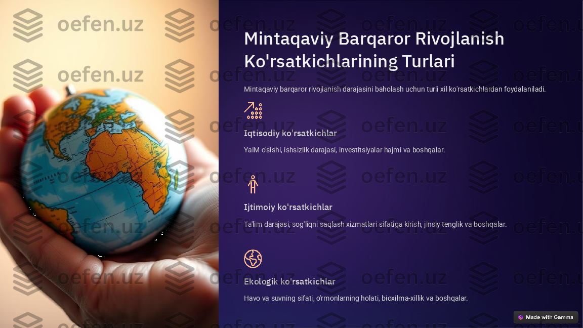 Mintaqaviy Barqaror Rivojlanish 
Ko'rsatkichlarining Turlari
Mintaqaviy barqaror rivojlanish darajasini baholash uchun turli xil ko'rsatkichlardan foydalaniladi.
Iqtisodiy ko'rsatkichlar
YaIM o'sishi, ishsizlik darajasi, investitsiyalar hajmi va boshqalar.
Ijtimoiy ko'rsatkichlar
Ta'lim darajasi, sog'liqni saqlash xizmatlari sifatiga kirish, jinsiy tenglik va boshqalar.
Ekologik ko'rsatkichlar
Havo va suvning sifati, o'rmonlarning holati, bioxilma-xillik va boshqalar.  