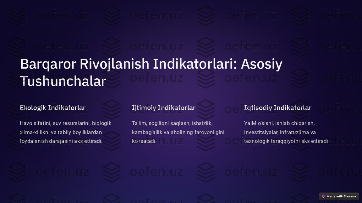 Barqaror Rivojlanish Indikatorlari: Asosiy 
Tushunchalar
Ekologik Indikatorlar
Havo sifatini, suv resurslarini, biologik 
xilma-xillikni va tabiiy boyliklardan 
foydalanish darajasini aks ettiradi. Ijtimoiy Indikatorlar
Ta'lim, sog'liqni saqlash, ishsizlik, 
kambag'allik va aholining farovonligini 
ko'rsatadi. Iqtisodiy Indikatorlar
YaIM o'sishi, ishlab chiqarish, 
investitsiyalar, infratuzilma va 
texnologik taraqqiyotni aks ettiradi.  