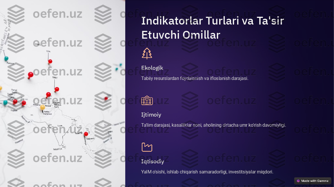 Indikatorlar Turlari va Ta'sir 
Etuvchi Omillar
Ekologik
Tabiiy resurslardan foydalanish va ifloslanish darajasi.
Ijtimoiy
Ta'lim darajasi, kasalliklar soni, aholining o'rtacha umr ko'rish davomiyligi.
Iqtisodiy
YaIM o'sishi, ishlab chiqarish samaradorligi, investitsiyalar miqdori.  