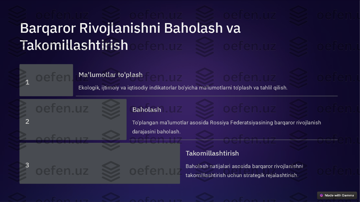 Barqaror Rivojlanishni Baholash va 
Takomillashtirish
1 Ma'lumotlar to'plash
Ekologik, ijtimoiy va iqtisodiy indikatorlar bo'yicha ma'lumotlarni to'plash va tahlil qilish.
2 Baholash
To'plangan ma'lumotlar asosida Rossiya Federatsiyasining barqaror rivojlanish 
darajasini baholash.
3 Takomillashtirish
Baholash natijalari asosida barqaror rivojlanishni 
takomillashtirish uchun strategik rejalashtirish.  