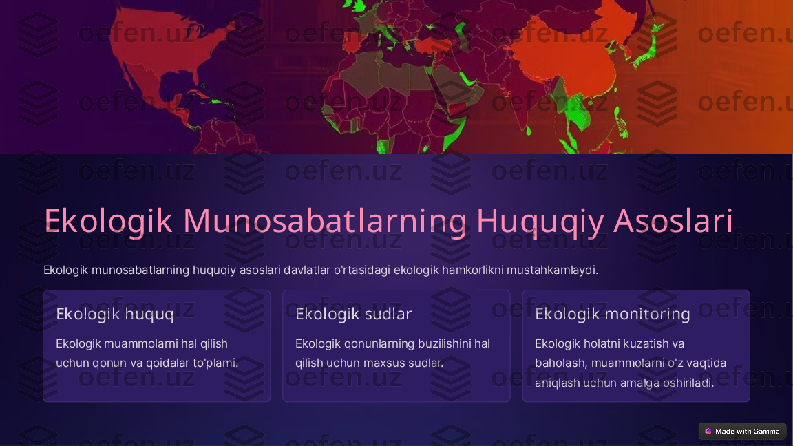 Ek ologik  Munosabat larning Huquqiy Asoslari
Ekologik munosabatlarning huquqiy asoslari davlatlar o'rtasidagi ekologik hamkorlikni mustahkamlaydi.
Ek ologik  huquq
Ekologik muammolarni hal qilish 
uchun qonun va qoidalar to'plami. Ek ologik  sudlar
Ekologik qonunlarning buzilishini hal 
qilish uchun maxsus sudlar. Ek ologik  monit oring
Ekologik holatni kuzatish va 
baholash, muammolarni o'z vaqtida 
aniqlash uchun amalga oshiriladi.  