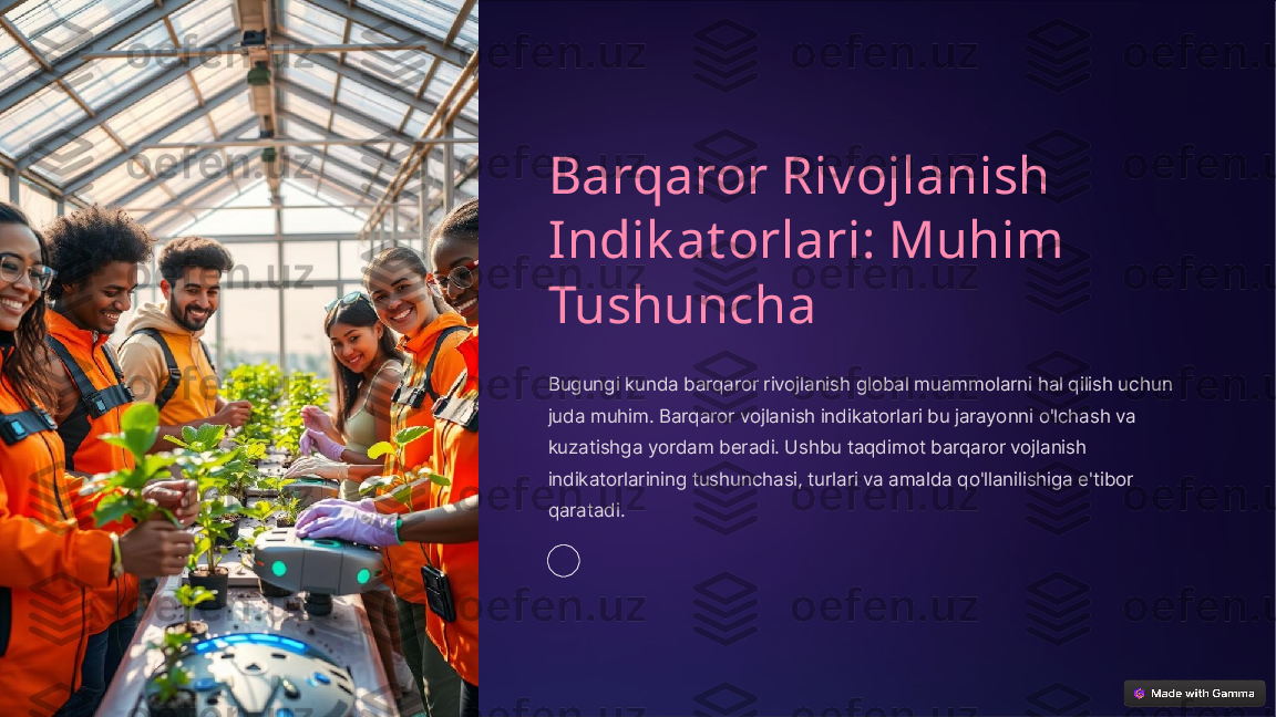 Barqaror Rivojlanish 
Indik at orlari: Muhim 
Tushuncha
Bugungi kunda barqaror rivojlanish global muammolarni hal qilish uchun 
juda muhim. Barqaror vojlanish indikatorlari bu jarayonni o'lchash va 
kuzatishga yordam beradi. Ushbu taqdimot barqaror vojlanish 
indikatorlarining tushunchasi, turlari va amalda qo'llanilishiga e'tibor 
qaratadi.  