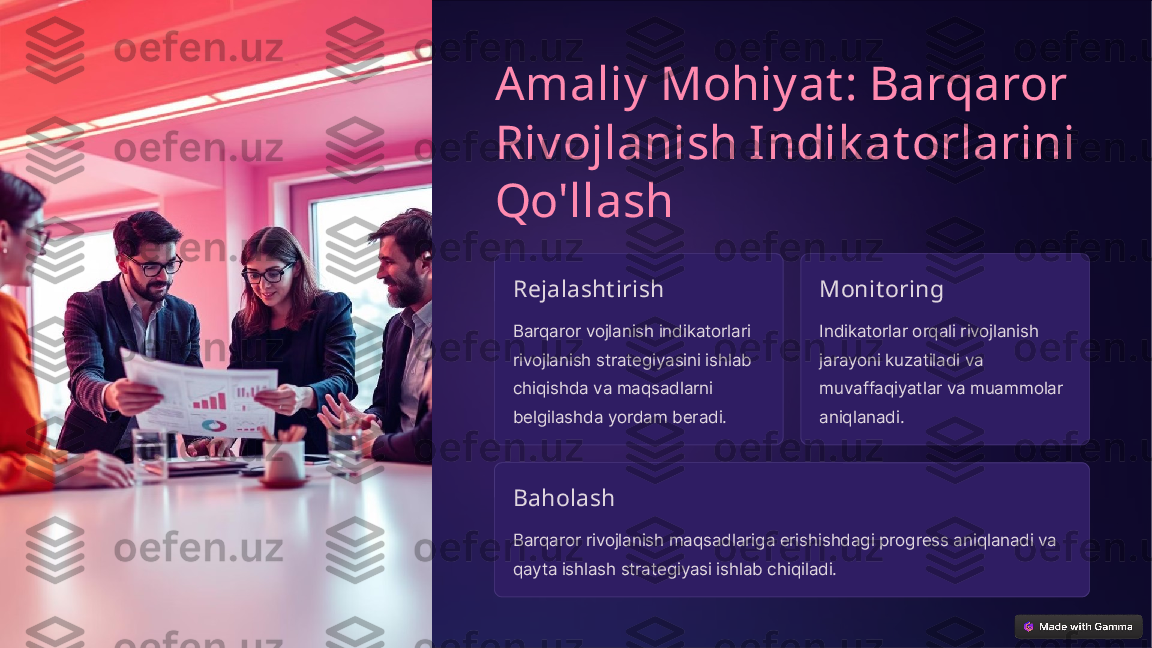 Amaliy Mohiyat : Barqaror 
Rivojlanish Indik at orlarini 
Qo'llash
Rejalasht irish
Barqaror vojlanish indikatorlari 
rivojlanish strategiyasini ishlab 
chiqishda va maqsadlarni 
belgilashda yordam beradi. Monit oring
Indikatorlar orqali rivojlanish 
jarayoni kuzatiladi va 
muvaffaqiyatlar va muammolar 
aniqlanadi.
Baholash
Barqaror rivojlanish maqsadlariga erishishdagi progress aniqlanadi va 
qayta ishlash strategiyasi ishlab chiqiladi.  