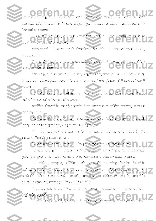 holatda   kela   olgani   holda,   lahjada   so‘z   oxirida   uchramaydi.So‘z   oxirida   va   so‘z
boshida   ko‘pincha   b   >   v   fonetik   jarayoni   yuz   beradi:   teshbaqa   >   teshveqe,   leb   >
lev, xeber > xever.
Toshkent,   Farg‘ona,  Andijon   shevalarida   b   >   m   fonetik   jarayoni   mavjud:
bun’  >  mun’, burui  >  murun.
Samarqand   -   Buxoro   guruh   shevalarda   lab-tish   [   F]   tovushi   mavjud:   aft,
hafta, safel.
Toshkent - Farg‘ona guruh shevalarda [F] tovushi[P] tovushiga o‘tadi:  k’ft >
k’pt, kasofat > kesepet.
Shahar   guruh   shevalarda   lab-lab,   sirg‘aluvchi,   jarangli   [v]   undoshi   adabiy
tildagi ushbu tovugsdan deyarli farq qilmaydi:  vedj //vadj, savug‘ // savuq, ‘kov //
‘kkav.
Lab-lab,   burun,   sonor   M   undoshi   Toshkent   lahjasida   ba’zan   «v»ga   o‘tadi:
ko‘rd’m’z  >  ko‘rd’vuz q ko‘rduvze.
Andijon shevasida  m>n  jarayonini ham uchratish mumkin:  momaguldrek >
nameguldrek.
Farg‘ona,   Andijon,   Qo‘qon   shevalarida   m>p   fonetik   jarayoni   mavjud:
boryepmen >boryeppen, ketyepmep> ketyeppen.
Til   oldi,   jarangsiz   t   undoshi   so‘zning   barcha   holatida   kela   oladi:   t’l-til,
qattug‘ // qattq-qattiq, tel-tol.
Ba’zan t>ch fonetik jarayoni uchraydi:  tush  >  chush, t’sh  >  ch’sh.
Lahjada   jarangli   [d]   undoshi   so‘z   oxirida   unlidan   so‘ng   ko‘pincha   tushadi
yoki jarangsiz [t]ga o‘tadi:  xursand  >  xursen, baland >belen, abad > evat.
Til   oldi,   jarangsiz,   affrikat   [ch]   undoshi   so‘zning   barcha   holatida
qo‘llaniladi.   Chel   ||   chol,   keche,   uch.   Lahjadagi   [ch]   o‘zbek   adabiy   tilida   [s]
undoshi   bilan   almashinadi:   chech,   chechug‘   (toshkent)//   chech,   chach’q
(Farg‘ona)//soch, sochiq (o‘zbek adabiy tilida).
Til,   oldi,   jarangli,   affrikat   [J]   undoshi   so‘zning   barcha   o‘rnida   kela   oladi:
jeg‘ // jaq, penje.
Til oldi, sirg‘aluvchi, jarangsiz [S] so‘zning uch qolatida ham ishtirok etadi: 