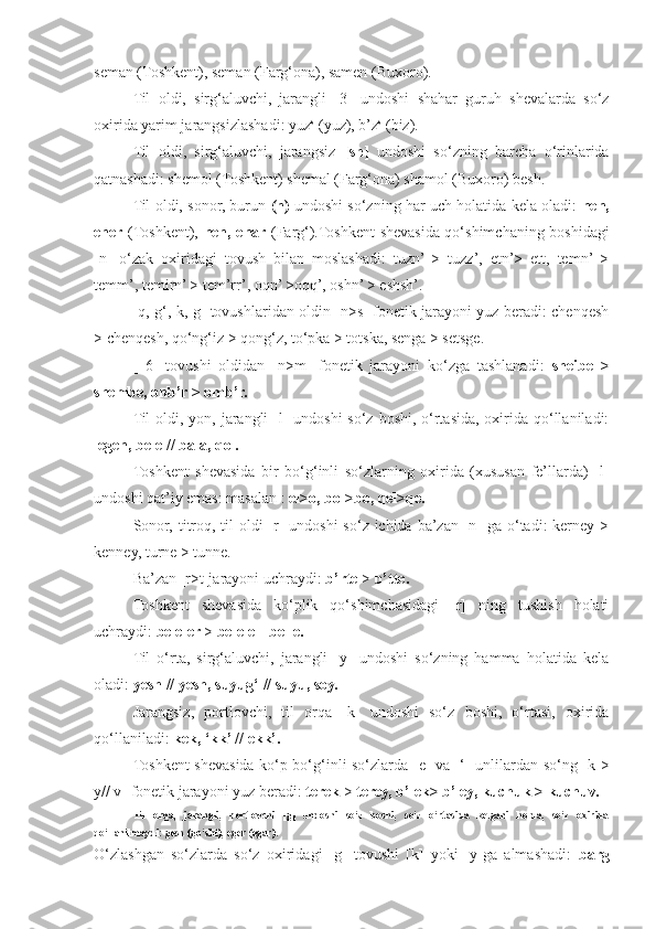 seman (Toshkent), seman (Farg‘ona), samen (Buxoro).
Til   oldi,   sirg‘aluvchi,   jarangli   [3]   undoshi   shahar   guruh   shevalarda   so‘z
oxirida yarim jarangsizlashadi: yuz s
 (yuz), b’z s
 (biz).
Til   oldi,   sirg‘aluvchi,   jarangsiz   [sh]   undoshi   so‘zning   barcha   o‘rinlarida
qatnashadi: shemol (Toshkent) shemal (Farg‘ona) shamol (Buxoro) besh.
Til oldi, sonor, burun  (n)   undoshi so‘zning har uch holatida kela oladi:   nen,
ener   (Toshkent),   nen, enar   (Farg‘).Toshkent shevasida qo‘shimchaning boshidagi
[n]   o‘zak   oxiridagi   tovush   bilan   moslashadi:   tuzn’  >   tuzz’,   etn’>   ett,   temn’  >
temm’, temirn’ > tem’rr’, oqn’ >oqq’, oshn’ > eshsh’.
[q, g‘, k, g] tovushlaridan oldin [n>s] fonetik jarayoni yuz beradi: chenqesh
> chenqesh, qo‘ng‘iz > qong‘z, to‘pka > totska, senga > setsge.
[   6]   tovushi   oldidan   [n>m]   fonetik   jarayoni   ko‘zga   tashlanadi:   sheibe   >
shembe, onb’r > omb’r.
Til  oldi, yon, jarangli  [l] undoshi  so‘z boshi, o‘rtasida, oxirida qo‘llaniladi:
legen, bele  //  bala, qol.
Toshkent   shevasida   bir   bo‘g‘inli   so‘zlarning   oxirida   (xususan   fe’llarda)   [l]
undoshi qat’iy emas: masalan :  el>o, bol>bo, qel>qe.
Sonor, titroq, til oldi  [r] undoshi  so‘z ichida ba’zan [n] ga o‘tadi: kerney >
kenney, turne > tunne.
Ba’zan [r>t]jarayoni uchraydi:  b’rte  >  b’tte.
Toshkent   shevasida   ko‘plik   qo‘shimchasidagi   [r]   ning   tushish   holati
uchraydi:  beleler  >  belele || belle.
Til   o‘rta,   sirg‘aluvchi,   jarangli   [y]   undoshi   so‘zning   hamma   holatida   kela
oladi:  yesh  //  yesh, suyug‘  //  suyu, soy.
Jarangsiz,   portlovchi,   til   orqa   [k]   undoshi   so‘z   boshi,   o‘rtasi,   oxirida
qo‘llaniladi:  kek, ‘kk’  //  ekk’.
Toshkent shevasida ko‘p bo‘g‘inli so‘zlarda [e] va [‘] unlilardan so‘ng [k >
y// v] fonetik jarayoni yuz beradi:  terek  >  terey, b’lek> b’ley, kuchuk > kuchuv.
Til   orqa,   jarangli,   portlovchi   [g]   undoshi   so‘z   boshi,   so‘z   o‘rtasida   kelgani   holda,   so‘z   oxirida
qo‘llanilmaydi: gesh (go‘sht), eger (egar).
O‘zlashgan   so‘zlarda   so‘z   oxiridagi   [g]   tovushi   [k]   yoki   [y]ga   almashadi:   barg 