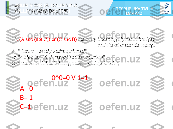 11 . (A and (not C)) or (C and B)  mantiqiy ifodaning qiymatini berilgan    
mulohazalar asosida toping.
A=”Plotter – asosiy xotira qurilmasi”;
B=”4 bit bilan 16 xil rangni kodlash mumkin”;
C=”Morze usuli kodlashning notekis usuliga kiradi”;
A= 0
B= 1
C=1 0^0=0 V 1=1UMUMIY O‘RTA TA’LIMNING
  MILLIY O‘QUV DASTURI RESPUBLIKA TA’LIM 
MARKAZI 