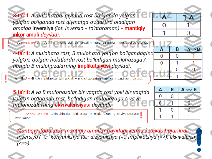 3-ta’rif:  A mulohazani qiymati rost bo‘lganda yolg‘on, 
yolg‘on bo‘lganda rost qiymatga   o‘zgartira oladigan 
amalga  inversiya  (lot. inversio – to‘ntaraman) –  mantiqiy 
inkor amali   deyiladi.  
4-ta’rif:  A mulohaza rost, B mulohaza yolg‘on bo‘lgandagina 
yolg‘on, qolgan holatlarda   rost bo‘ladigan mulohazaga A 
hamda B mulohazalarning  implikatsiyasi   deyiladi.  
5-ta’rif:  A va B mulohazalar bir vaqtda rost yoki bir vaqtda 
yolg‘on bo‘lganda rost    bo‘ladigan mulohazaga A va B 
mulohazalarning  ekvivalensiyasi  deyiladi.  
Mantiqiy ifodalarda mantiqiy amallar quyidagi ketma-ketlikda bajariladi: 
inversiya (  ⏋ );    konyunksiya (&); dizyunksiya ( ∨ ); implikatsiya (=>); ekvivalensiya 
(<=>)   