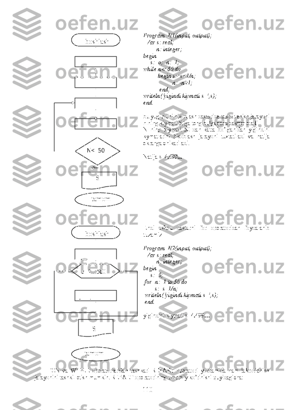   Program  N1(input, output);
  Var s: real; 
         n: integer;
begin 
     s:=o;  n:=1;
while n<=50 do
          begin s:=s+1/n;
                    n:=n+1;
           end;
writeln(‘yigindi kiymati s=’,s); 
end.
bu yugindini hisoblash dasturida takrorlanish jarayoni
n ning kiymati 50ga teng bulguncha davom etadi.
N   ning   kiymati   50   dan   katta   bo’lganidan   yigindini
kymatlarini   hisoblash   jarayoni   tuxtatiladi   va   natija
ekranga chikariladi. 
Natija  s =4.499...
Endi   ushbu   dasturni   for   operatoridan   foydalanib
tuzamiz
Program  N2(input, output);
  Var s: real; 
         n: integer;
begin 
     s:=0;
 for  n:=1 to 50 do
        s:=s+1/n;
 writeln(‘yigindi kiymati s=’,s); 
 end .
yigindini kiymati  s =4.499…
FOR   va   WHILE   operatorlaridan   tashkari   REPAET   operatori   yordamida   ham   takrorlanish
jarayonini tashkil etish mumkin. REPAET operatorining umumiy ko’rinishi quyidagicha: boshlash
N< = 50
S=
tamom
boshlash
S=s+1/n
S=
tamomn=1…500
110 