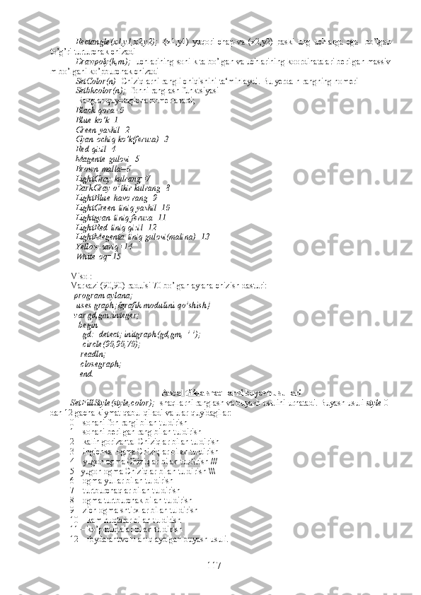 Rectangle(x1,y1,x2,y2);   -(x1,y1)   yuqori   chap   va   (x2,y2)   paski   ung   uchlarga   ega     bo’lgan
to’g’ri turturchak chizadi
Drawpoly(k,m); - uchlarining soni k ta bo’lgan va uchlarining koordinatalari berilgan massiv
m bo’lgani ko’pburchak chizadi
SetColor(n)-  Chiziqlarni rangli chiqishini ta‘minlaydi. Bu yerda n rangning nomeri
Setbkcolor(n);-  fonni ranglash funktsiyasi
 Ranglar quyidagicha nomerlanadi;
Black- qora =0
Blue- ko’k =1
Green- yashil =2
Gyan- ochiq ko’k(feruza) =3
Red- qizil =4
Magente- gulovi =5
Brown- malla =6
LightGray- kulrang =7
DarkGray-o’ tkir kulrang =8
LightBlue- havo rang =9
LightGreen- tiniq yashil =10
Lightgyan- tiniq feruza =11
LightRed- tiniq qizil =12
LightMegenta- tiniq gulovi(malina) =13
Yellow- sariq =14
White- oq =15
Misol:
Markazi (90,90) raduisi 70 bo’lgan aylana chizish dasturi:
   program aylana;
   uses graph;{grafik modulini qo’shish}
  var gd,gm:integer;
    begin
      gd:=detect; initgraph(gd,gm,  ’ ’);
      circle(90,90,70);
     readln;
     closegraph;
  end.
Pascal tilida shaqllarni buyash usullari
SetFillStyle(style,color);-  shaqllarni ranglash va buyash usulini urnatadi. Buyash usuli  style  0 
dan 12 gacha kiymat qabul qiladi va ular quyidagilar:
0 – sohani fon rangi bilan tuldirish 
1 – sohani berilgan rang bilan tuldirish
2 – kalin gorizantal Chiziqlar bilan tuldirish
3 – ingichka  ogma Chiziqlar bilan tuldirish 
4 – yugon ogma Chiziqlar bilan tuldirish /// 
5 –yugon ogma Chiziqlar bilan tuldirish \\\
6 – ogma yullar bilan tuldirish 
7 – turtburchaqlar bilan tuldirish
8 – ogma turtburchak bilan tuldirish
9 – zich ogma shtirxlar bilan tuldirish
10 – kam nuqtalar bilan tuldirish
11 – ko’p nuqtalar bilan tuldirish
12 – foydalanuvchi aniqlaydigan buyash usuli.
117 