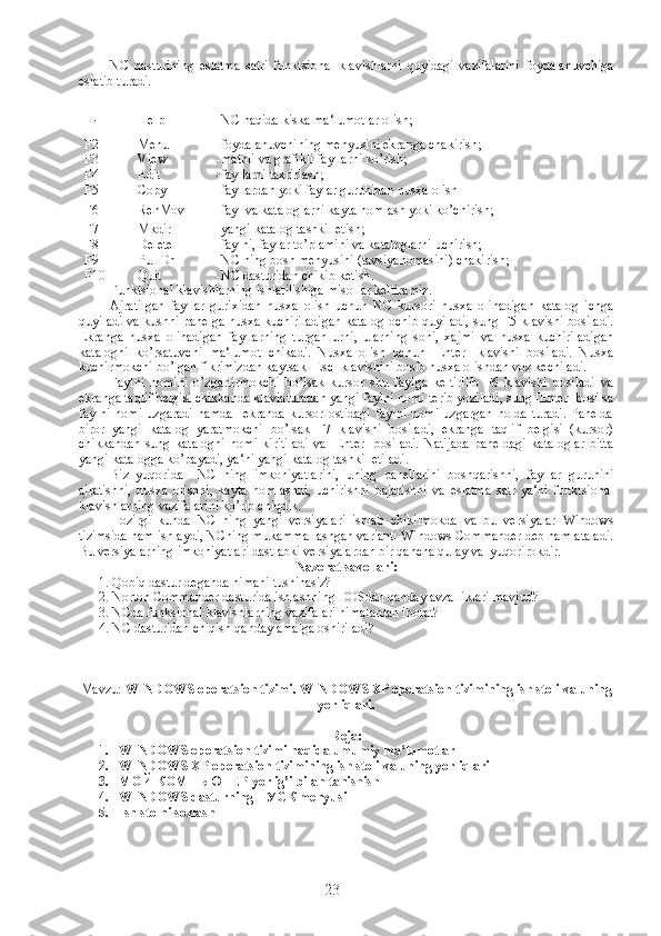 NC   dasturining   eslatma   satri   funktsional   klavishlarni   quyidagi   vazifalarini   foydalanuvchiga
eslatib turadi.
F 1 Help -NC haqida kiska ma‘lumotlar olish;
F 2 Menu -foydalanuvchining menyusini ekranga chakirish;
F 3 View -matnli va grafikli fayllarni ko’rish;
F 4 Edit -fayllarni taxrirlash;
F 5 Copy -fayllardan yoki faylar guruhidan nusxa olish
F6 RenMov -fayl va kataloglarni kayta nomlash yoki ko’chirish;
F 7 Mkdir -yangi katalog tashkil etish;
F 8 Delete -faylni, faylar to’plamini va kataloglarni uchirish;  
F 9 PullDn -NC ning bosh menyusini (tavsiyanomasini) chakirish;
F 10 Quit - NC dasturidan chikib ketish .
Funktsional klavishlarning ishlatilishiga misollar keltiramiz.
Ajratilgan   fayllar   gurixidan   nusxa   olish   uchun   NC   kursori   nusxa   olinadigan   katalog   ichga
quyiladi va kushni panelga nusxa kuchiriladigan katalog ochib quyiladi, sung F5 klavishi bosiladi.
Ekranga   nusxa   olinadigan   fayllarning   turgan   urni,   ularning   soni,   xajmi   va   nusxa   kuchiriladigan
katalogni   ko’rsatuvchi   ma‘lumot   chikadi.   Nusxa   olish   uchun   [Enter]   klavishi   bosiladi.   Nusxa
kuchirmokchi bo’lgan fikrimizdan kaytsak [Esc] klavishini bosib nusxa olishdan voz kechiladi.
Faylni   nomini   o’zgartirmokchi   bo’lsak   kursor   shu   faylga   keltirilib   F6   klavishi   bosiladi   va
ekranga taqlif belgisi chikkanda klaviaturadan yangi faylni nomi terib yoziladi, sung [Enter] bosilsa
faylni   nomi   uzgaradi   hamda     ekranda   kursor  ostidagi   faylni   nomi   uzgargan   holda   turadi.   Panelda
biror   yangi   katalog   yaratmokchi   bo’lsak   F7   klavishi   bosiladi,   ekranga   taqlif   belgisi   (kursor)
chikkandan   sung   katalogni   nomi   kiritiladi   va   [Enter]   bosiladi.   Natijada   paneldagi   kataloglar   bitta
yangi katalogga ko’payadi, ya‘ni yangi katalog tashkil etiladi.
Biz   yuqorida     NC   ning   imkoniyatlarini,   uning   panellarini   boshqarishni,   fayllar   guruhini
ajratishni,   nusxa   olishni,   kayta   nomlashni,   uchirishni   bajarishni   va   eslatma   satr   ya‘ni   funktsional
klavishlarning vazifalarini ko’rib chiqdik. 
Hozirgi   kunda   NC   ning   yangi   versiyalari   ishlab   chikilmokda   va   bu   versiyalar   Windows
tizimsida ham ishlaydi, NCning mukammallashgan varianti Windows Commander deb ham ataladi.
Bu versiyalarning imkoniyatlari dastlabki versiyalardan bir qancha qulay va  yuqorirokdir.  
Nazorat savollari:
1. Qobiq dastur deganda nimani tushinasiz?
2. Norton Commander dasturida ishlashning DOSdan qanday avzalliklari mavjud?
3. NCda funksional klavishlarning vazifalari nimalardan iborat?
4. NC dasturidan chiqish qanday amalga oshiriladi?
Mavzu:   WINDOWS operatsion tizimi. WINDOWS XP operatsion tizimining ish stoli va uning
yorliqlari.
Reja:
1. WINDOWS operatsion tizimi haqida umumiy ma‘lumotlar
2. WINDOWS XP operatsion tizimining ish stoli va uning yorliqlari
3. МОЙ   КОМПЬЮТЕР  yorlig’i bilan tanishish
4. WINDOWS dasturning ПУСК menyusi
5. Ish stolni sozlash
23 