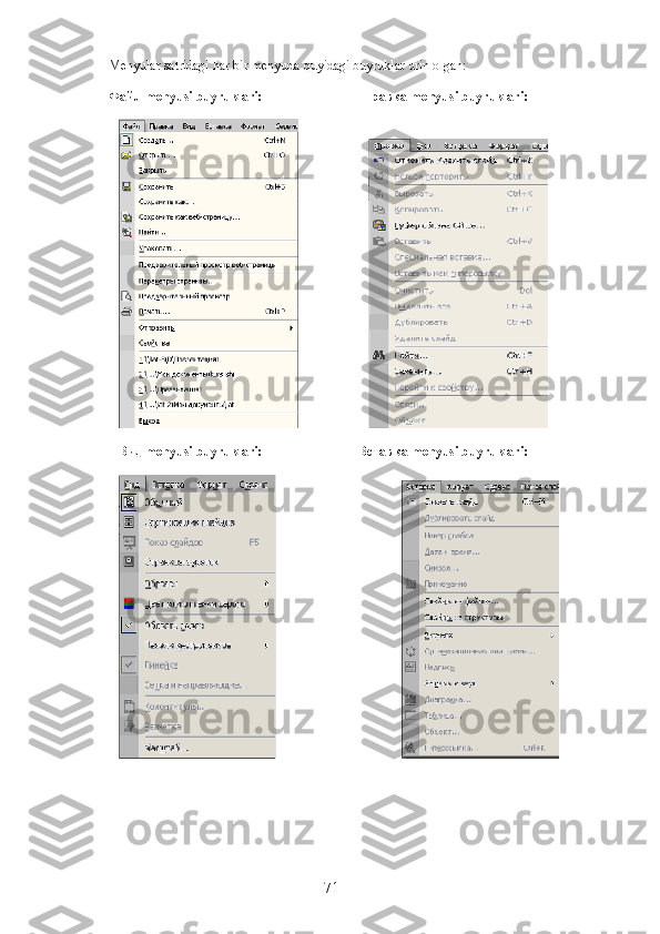 Menyular satridagi har bir menyuda quyidagi buyruklar urin olgan:
Файл  menyusi buyruklari:                 Правка  menyusi buyruklari:
                     
Вид  menyusi buyruklari:    Вставка  menyusi buyruklari:
     
71 