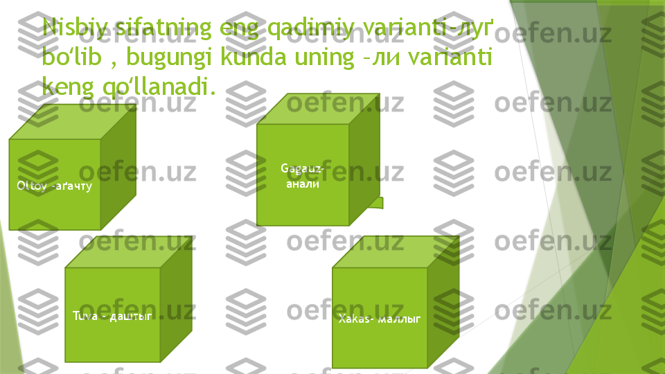 Nisbiy sifatning eng qadimiy varianti-луґ
bo lib , bugungi kunda uning –ли varianti ʻ
keng qo llanadi. 	
ʻ
Gagauz- 
анали
Oltoy -аґачту
Tuva - даштыг
Xakas- маллыг                 