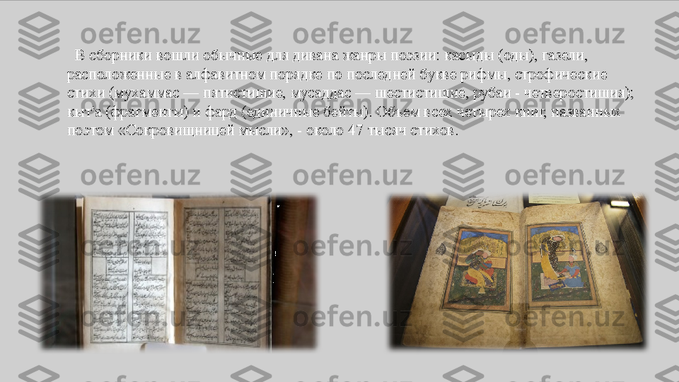    В	 сборники	 вошли	 обычные	 для	 дивана	 жанры	 поэзии:	 касыды	 (оды),	 газели,	 
расположенные	
 в	 алфавитном	 порядке	 по	 последней	 букве	 рифмы,	 строфические	 
стихи	
 (мухаммас	 —	 пятистишие,	 мусаддас	 —	 шестистишие,	 рубаи	 - четверостишия);	 
кыт'а	
 (фрагменты)	 и	 фард	 (единичные	 бейты).	 Объем	 всех	 четырех	 книг,	 названных	 
поэтом	
 «Сокровищницей	 мысли»,	 - около	 47	 тысяч	 стихов. 