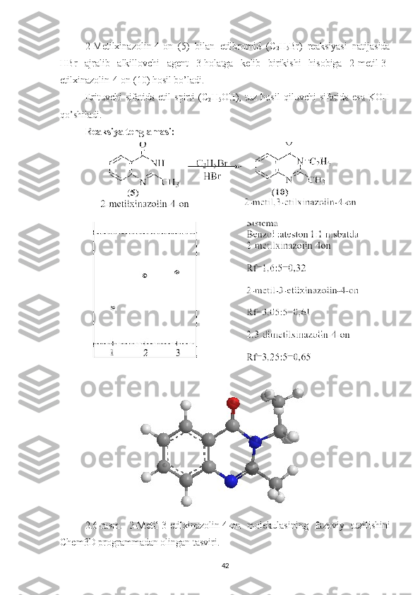 2-Metilxinazolin-4-on   (5)   bilan   etilbromid   (C
2 H
5 Br)   reaksiyasi   natijasida
HBr   ajralib   alkillovchi   agent   3-holatga   kelib   birikishi   hisobiga   2-metil-3-
etilxinazolin-4-on (10) hosil bo’ladi.
Erituvchi   sifatida   etil   spirti   (C
2 H
5 OH),   tuz   hosil   qiluvchi   sifatida   esa   KOH
qo’shiladi.
Reaksiya tenglamasi:
2.6 -rasm.   2-Metil-3-etilxinazolin-4-on   molekulasining   fazoviy   tuzilishini
Chem3D programmadan olingan tasviri.
42 