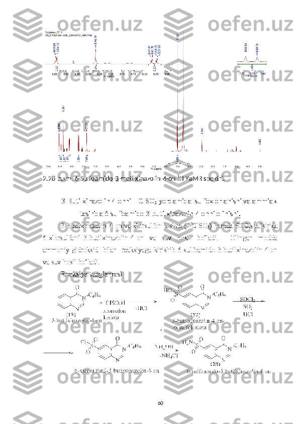 2.28 -rasm.  6-Sulfoamido-3-metilxinazolin-4-on  1
H YaMR spektri.
3-Butilxinazolin-4-onni HClSO
3  yordamida  sulfoxlorlanishi va ammiak
tasirida 6-sulfoamido-3-butilxinazolin-4-onni olinishi.
3-Butilxinazolin-4-on va xlorsulfon kislota (HClSO
3 ) hamda SOCl
2  ta’sirida
6-xlorsulfanil-3-butilxinazolin-4-on   va   suv   hosil   bo’ladi.     Olingan   modda
ammoniy gidroksid   bilan   reaksiyaga kirishib 6-sulfoamido-3-butilxinazolin-4-on
va suv hosil bo’ladi.
Reaksiya tenglamasi
60 