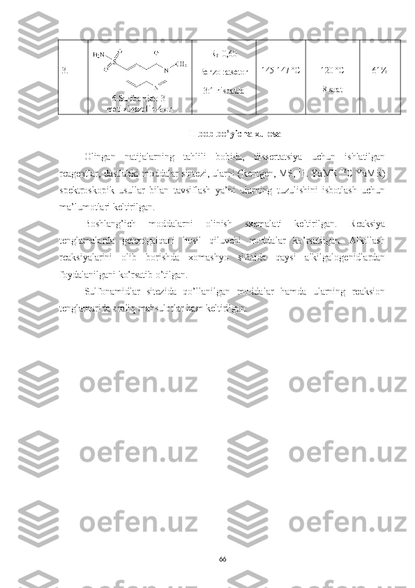 3. 
6-Sulfoamido - 3 -
metilxinazolin-4-on R
f =0,60
Benzol:atseton
3:1 nisbatda 145-147  °C 120  °C
8 soat 61%
II bob bo’yicha xulosa
Olingan   natijalarning   tahlili   bobida,   dissertatsiya   uchun   ishlatilgan
reagentlar, dastlabki moddalar sintezi, ularni (Rentgen, MS,  1
H YaMR  13
C YaMR)
spektroskopik   usullar   bilan   tavsiflash   ya’ni   ularning   tuzulishini   isbotlash   uchun
ma’lumotlari keltirilgan.
Boshlang’ich   moddalarni   olinish   sxemalati   keltirilgan.   Reaksiya
tenglamalarda   geterogalqani   hosil   qiluvchi   moddalar   ko’rsatilgan.   Alkillash
reaksiyalarini   olib   borishda   xomashyo   sifatida   qaysi   alkilgalogenidlardan
foydalanilgani ko’rsatib o’tilgan. 
Sulfonamidlar   sitezida   qo’llanilgan   moddalar   hamda   ularning   reaksion
tenglamarida oraliq mahsulotlar ham keltirilgan.
66 