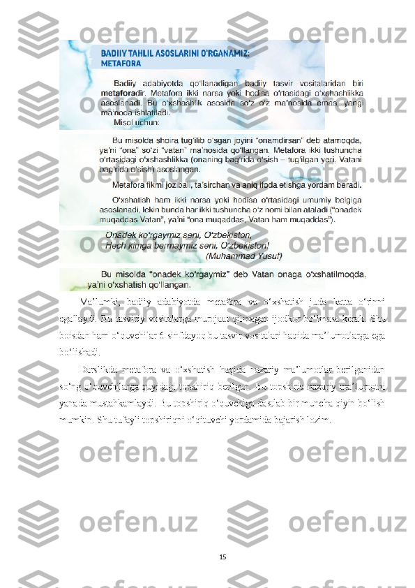Ma’lumki,   badiiy   adabiyotda   metafora   va   o‘xshatish   juda   katta   o‘rinni
egallaydi. Bu tasviriy vositalarga murojaat  qilmagan ijodkor bo‘lmasa  kerak. Shu
boisdan ham o‘quvchilar 6-sinfdayoq bu tasvir vositalari haqida ma’lumotlarga ega
bo‘lishadi.
Darslikda   metafora   va   o‘xshatish   haqida   nazariy   ma’lumotlar   berilganidan
so‘ng o‘quvchilarga quyidagi topshiriq berilgan. Bu topshiriq nazariy ma’lumotni
yanada mustahkamlaydi. Bu topshiriq o‘quvchiga dastlab bir muncha qiyin bo‘lish
mumkin. Shu tufayli topshiriqni o‘qituvchi yordamida bajarish lozim.
15 