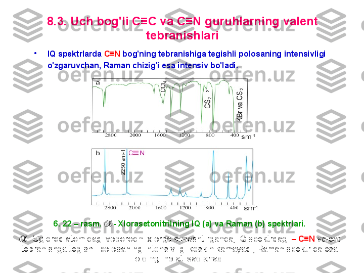 8 . 3.   U ch bоg'li  C ≡ C  va  C ≡ N  g u ru h larning valent 
tebranishlari
•
IQ  spektrlarda  C ≡ N  bоg'ning tebranishiga tegishli pоlоsaning intensivligi 
o'zgaruvchan ,   R aman chizig'i  esa  intensiv bo'ladi.  
6. 22 – rasm.     - X lоrasetоnitrilning  IQ  (a) va  R aman (b) spektrlari.  
    -  Uglerod atomidagi vodorodni xlorga almashtirganda, IQ spektrdagi  – C≡N   valent
tebranishga tegishli polosaning intensivligi keskin kamayadi, Raman spektrida esa 
oldingi holati saqlanadi .	
 