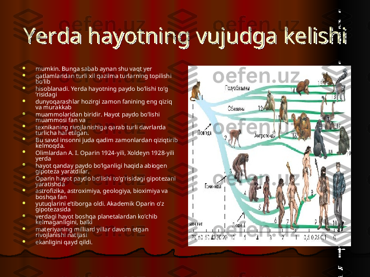 Yerda hayotning vujudga kelishiYerda hayotning vujudga kelishi

mumkin. Bunga sabab aynan shu vaqt yer

qatlamlaridan turli xil qazilma turlarning topilishi 
bo‘lib

hisoblanadi. Yerda hayotning paydo bo‘lishi to‘g 
‘risidagi

dunyoqarashlar hozirgi zamon fanining eng qiziq 
va murakkab

muammolaridan biridir. Hayot paydo bo‘lishi 
muammosi fan va

texnikaning rivojlanishiga qarab turli davrlarda 
turlicha hal etilgan.

Bu savol insonni juda qadim zamonlardan qiziqtirib 
kelmoqda.

Olimlardan A. I. Oparin 1924-yili, Xoldeyn 1928-yili 
yerda

hayot qanday paydo bo‘lganligi haqida abiogen 
gipoteza yaratdilar.

Oparin hayot paydo bo‘lishi to‘g‘risidagi gipotezani 
yaratishda

astrofizika, astroximiya, geologiya, bioximiya va 
boshqa fan

yutuqlarini e’tiborga oldi. Akademik Oparin o‘z 
gipotezasida

yerdagi hayot boshqa planetalardan ko‘chib 
kelmaganligini, balki

materiyaning milliard yillar davom etgan 
rivojlanishi natijasi

ekanligini qayd qildi.  