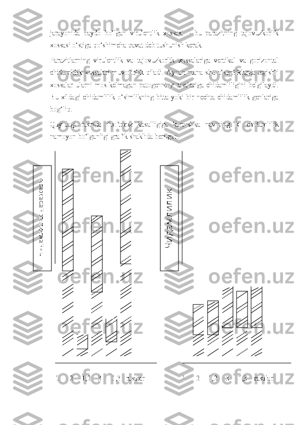 jarayonida   paydo   bo‘lgan   virulentlik   xossasi   –   bu   parazitning   tajovuzkorlik
xossasi o‘stiga qo‘shimcha qavat deb tushunish kerak.
Parazitlarning   virulentlik   va   tajovuzkorlik   xossalariga   vertikal   va   gorizontal
chidamlilik xossalari  muvofiqlik qiladi.  Aynan mana shu  o‘simliklarda tegishli
xossalar   ularni   mos   kelmagan   patogenning   rasalariga   chidamliligini   belgilaydi.
Bu  xildagi  chidamlilik  o‘simlikning  bitta   yoki  bir   nechta  chidamlilik  genlariga
bog‘liq. 
Quyidagi   rasmda   fitoftoroz   kasalligiga   kartoshka   navining   R
1   chidamlilik
namoyon bo‘lganligi grafik shaklida berilgan.
 
    1      2     1,2    3      1,3   rasalar                     1      2     1,2     3     1,3    rasalarЧ
и
д
а
м
л
и
л
и
к	
д
а
р
а
ж
а
си	
Ч
идам
лилик дараж
аси 