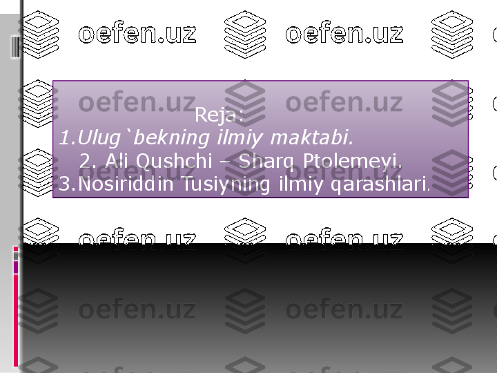                      Reja: 
1.Ulug`bekning ilmiy maktabi.
    2. Ali Qushchi – Sharq Ptolemeyi.
3.Nosiriddin Tusiyning ilmiy qarashlari .    