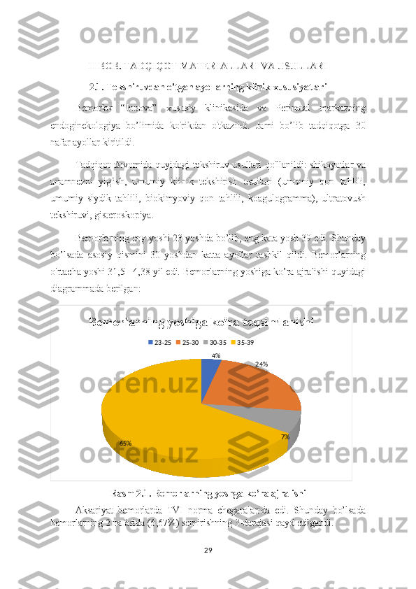 II BOB. TADQIQOT MATERIALLARI VA USULLARI
2.1. Tekshiruvdan o'tgan ayollarning klinik xususiyatlari
Bemorlar   “Innova”   xususiy   klinikasida   va   Perinatal   markazning
endoginekologiya   bo’limida   ko'rikdan   o'tkazildi.   Jami   bo’lib   tadqiqotga   30
nafar ayollar kiritildi. 
Tadqiqot davomida quyidagi tekshiruv usullari qo'llanildi: shikoyatlar va
anamnezni   yig'ish,   umumiy   klinik   tekshirish   usullari   (umumiy   qon   tahlili,
umumiy   siydik   tahlili,   bio kimyoviy   qon   tahlili,   koagulogramma ),   ultratovush
tekshiruvi, gisteroskopiya.  
Bemorlarning eng yoshi 23 yoshda bo’lib, eng kata yosh 39 edi.  Shunday
bo’lsada   asosiy   qismini   30   yoshdan   katta   ayollar   tashkil   qildi.   Bemorlarning
o'rtacha yoshi 31,5± 4,38 yil edi. Bemorlarning yoshiga ko’ra ajralishi quyidagi
diagrammada berilgan:
4%
24%
7%
65%Bemorlarning yoshiga ko'ra taqsimlanishi
23-25 25-30 30-35 35-39
Rasm 2.1. Bemorlarning yoshga ko’ra ajralishi
Aksariyat   bemorlarda   TVI   norma   chegaralarida   edi.   Shunday   bo’lsada
b emorlarning 2 nafarida (6 ,67% ) semirishning 3-darajasi qayd etilgandi. 
29 