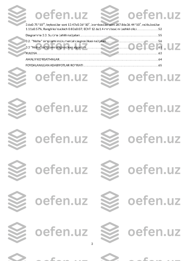 3.6±0.75*10 12
, leykositlar soni 13.47±0.36*10 9
, trombositlar soni 287.86±36.44*10 9
, retikulositlar 
1.11±0.57%, Rangli ko’rsatkich 0.83±0.07; EChT 12.6±1.4 mm/soat ni tashkil qildi. ....................... 52
Diagramma 3.3. Surtma tahlili natijalari .......................................................................................... 55
3.2. “Nisha” simptomi instrumental diagnostikasi natijalari. ........................................................... 56
3.3 “Nisha” simptomi diagnostkasi algoritmi ................................................................................... 61
XULOSA ............................................................................................................................................ 63
AMALIY KO’RSATMALAR .................................................................................................................. 64
FOYDALANILGAN ADABIYOTLAR RO’YXATI ...................................................................................... 65
3 