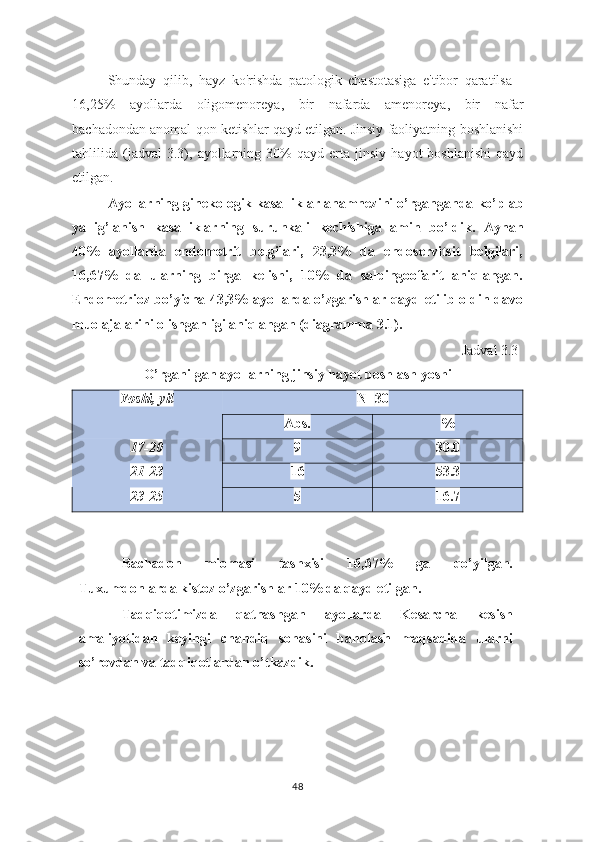 Shunday   qilib ,   hayz   ko ' rishda   patologik   chastotasiga   e ' tibor   qaratilsa   -
16,25%   ayollarda   oligomenoreya ,   bir   nafarda   amenoreya ,   bir   nafar
bachadondan   anomal   qon   ketishlar   qayd   etilgan .  Jinsiy   faoliyatning   boshlanishi
tahlilida   ( jadval   3.3),   ayollarning   30%   qayd   erta   jinsiy   hayot   boshlanishi   qayd
etilgan .  
Ayollarning   ginekologik   kasalliklar   anamnezini   o ’ rganganda   ko ’ plab
yallig ’ lanish   kasalliklarning   surunkali   kechishiga   amin   bo ’ ldik .   Aynan
40%   ayollarda   endometrit   belgilari,   23,3%   da   endoservitsit   belgilari,
16,67%   da   ularning   birga   kelishi,   10%   da   salpingoofarit   aniqlangan.
Endometrioz bo’yicha 43,3% ayollarda o’zgarishlar qayd etilib oldin davo
muolajalarini olishganligi aniqlangan (diagramma 3.1).
Jadval 3.3
O’rganilgan ayollarning jinsiy hayot boshlash yoshi 
Y o shi, yil N= 30
Abs. %
17-20 9 30.0
21-23 16 53.3
23-25 5   16.7
48Bachadon   miomasi   tashxisi   16,67%   ga   qo’yilgan.
Tuxumdonlarda kistoz o’zgarishlar 10% da qayd etilgan.
Tadqiqotimizda   qatnashgan   ayollarda   Kesarcha   kesish
amaliyotidan   keyingi   chandiq   sohasini   baholash   maqsadida   ularni
so’rovdan va tadqiqotlardan o’tkazdik. 