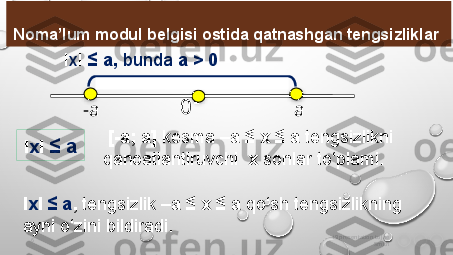 i9 presentation to Joe 
Smith6 I x I   ≤ a,  bunda  a > 0Noma’lum modul belgisi ostida qatnashgan tengsizliklar 
∙
∙
-a a0
I x I   ≤ a   [ - a; a]  kesma  –a ≤ x ≤ a  tengsizlikni 
qanoatlantiruvchi   x  sonlar to‘plami.
I x I  ≤ a ,  tengsizlik  –a ≤ x ≤ a  qo‘sh tengsizlikning 
ayni o‘zini bildiradi.              