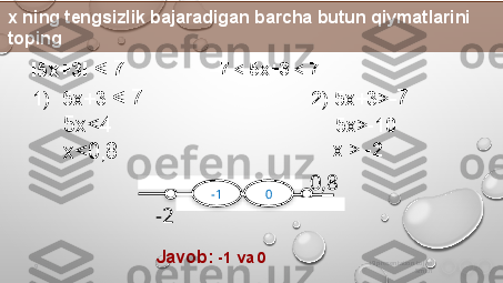 i9 presentation to Joe 
Smith9 -2 0,8  I5x+3I  < 7x ning tengsizlik bajaradigan barcha butun qiymatlarini 
toping 
– 7 < 5x+3 < 7  
1) 5x+3  <  7
      5x<4
      x<0,8
Javob:  -1 va 0   2) 5x+3> -7
     5x>-10
     x > -2
-1 0             