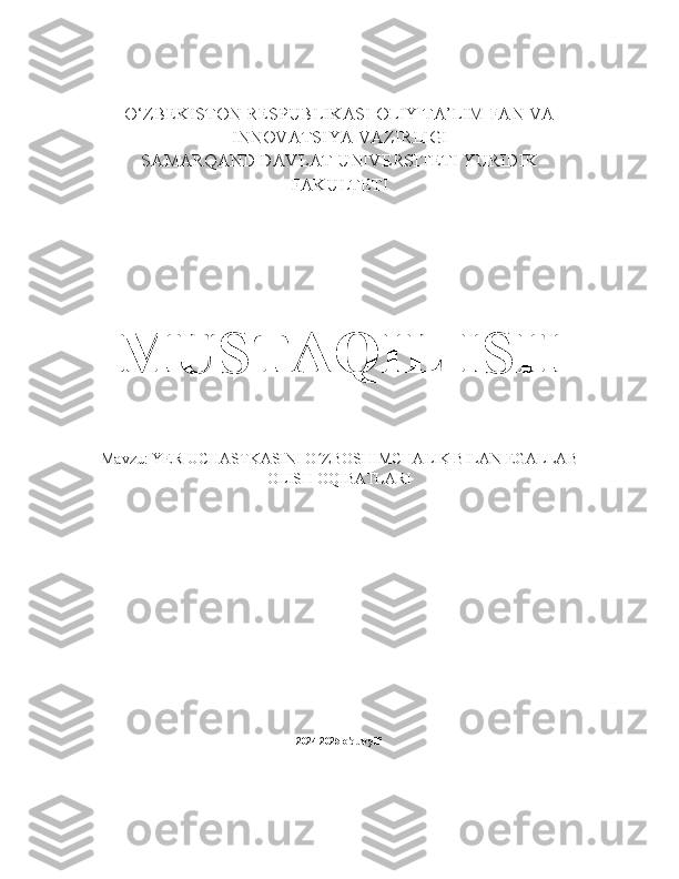 O‘ZBEKISTON RESPUBLIKASI OLIY TA’LIM FAN VA
INNOVATSIYA VAZIRLIGI
SAMARQAND DAVLAT UNIVERSITETI YURIDIK
FAKULTETI
MUSTAQIL ISH
Mavzu:  YER UCHASTKASINI O ZBOSHIMCHALIK BILAN EGALLABʻ
OLISH OQIBATLARI
2024-2025-o'quv yili 