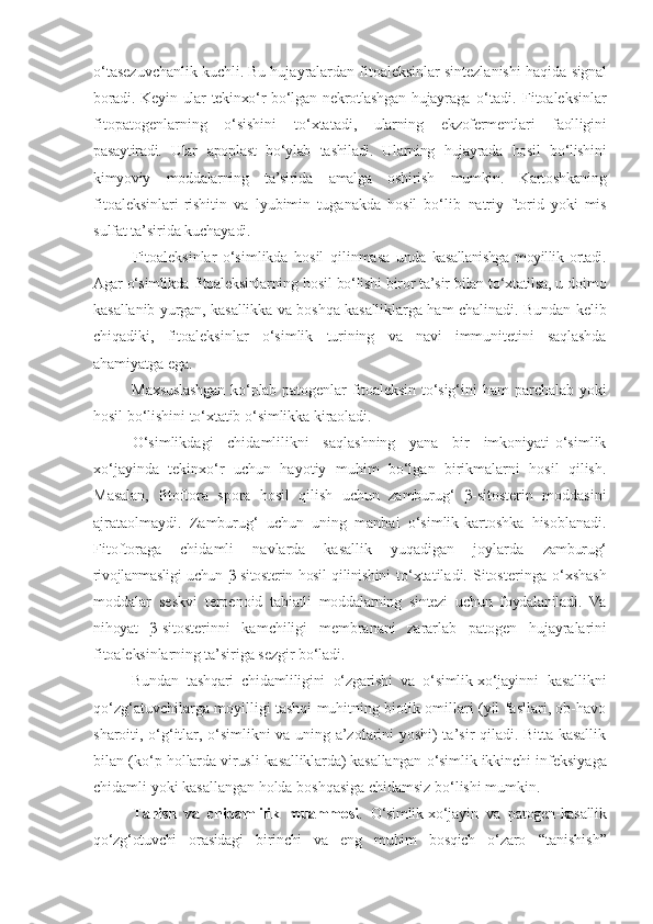 o‘tasezuvchanlik kuchli. Bu hujayralardan fitoaleksinlar sintezlanishi haqida  signal
boradi.  Keyin   ular  tekinxo‘r  bo‘lgan  nekrotlashgan   hujayraga   o‘tadi.   Fitoaleksinlar
fitopatogenlarning   o‘sishini   to‘xtatadi,   ularning   ekzofermentlari   faolligini
pasaytiradi.   Ular   apoplast   bo‘ylab   tashiladi.   Ularning   hujayrada   hosil   bo‘lishini
kimyoviy   moddalarning   ta’sirida   amalga   oshirish   mumkin.   Kartoshkaning
fitoaleksinlari-rishitin   va   lyubimin   tuganakda   hosil   bo‘lib   natriy   ftorid   yoki   mis
sulfat ta’sirida kuchayadi.
Fitoaleksinlar   o‘simlikda   hosil   qilinmasa   unda   kasallanishga moyillik   ortadi.
Agar   o‘simlikda   fitoaleksinlarning   hosil   bo‘lishi   biror   ta’sir   bilan   to‘xtatilsa, u   doimo
kasallanib   yurgan, kasallikka   va   boshqa   kasalliklarga   ham   chalinadi. Bundan   kelib
chiqadiki,   fitoaleksinlar   o‘simlik   turining   va   navi   immunitetini   saqlashda
ahamiyatga   ega.
Maxsuslashgan  ko‘plab  patogenlar   fitoaleksin   to‘sig‘ini   ham   parchalab   yoki
hosil   bo‘lishini   to‘xtatib   o‘simlikka   kiraoladi.
O‘simlikdagi   chidamlilikni   saqlashning   yana   bir   imkoniyati-o‘simlik
xo‘jayinda   tekinxo‘r   uchun   hayotiy   muhim   bo‘lgan   birikmalarni   hosil   qilish.
Masalan,   fitoftora   spora   hosil   qilish   uchun   zamburug‘   β-sitosterin   moddasini
ajrataolmaydi.   Zamburug‘   uchun   uning   manbai   o‘simlik-kartoshka   hisoblanadi.
Fitoftoraga   chidamli   navlarda   kasallik   yuqadigan   joylarda   zamburug‘
rivojlanmasligi uchun β-sitosterin hosil qilinishini   to‘xtatiladi.   Sitosteringa   o‘xshash
moddalar   seskvi   terpenoid   tabiatli   moddalarning   sintezi   uchun   foydalaniladi.   Va
nihoyat   β- sitosterinni   kamchiligi   membranani   zararlab   patogen   hujayralarini
fitoaleksinlarning ta’siriga sezgir bo‘ladi.
Bundan   tashqari   chidamliligini   o‘zgarishi   va   o‘simlik-xo‘jayinni   kasallikni
qo‘zg‘atuvchilarga moyilligi tashqi muhitning biotik omillari (yil fasllari, ob-havo
sharoiti, o‘g‘itlar, o‘simlikni va uning a’zolarini yoshi) ta’sir qiladi. Bitta kasallik
bilan (ko‘p   hollarda virusli kasalliklarda) kasallangan o‘simlik ikkinchi   infeksiyaga
chidamli yoki kasallangan holda boshqasiga chidamsiz bo‘lishi mumkin.
Tanish   va   chidamlilik   muammosi .   O‘simlik-xo‘jayin   va   patogen-kasallik
qo‘zg‘otuvchi   orasidagi   birinchi   va   eng   muhim   bosqich   o‘zaro   “tanishish” 