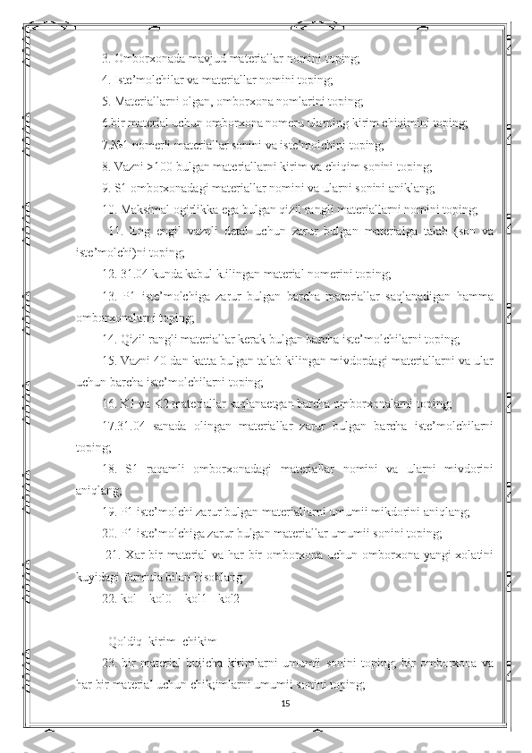 3. Omborxonada mavjud materiallar nomini toping; 
4. Iste’molchilar va materiallar nomini toping; 
5. Materiallarni olgan, omborxona nomlarini toping; 
6.bir material uchun omborxona nomeru ularning kirim chiqimini toping; 
7.№1 nomerli materiallar sonini va iste’molchini toping; 
8. Vazni >100 bulgan materiallarni kirim va chiqim sonini toping; 
9. S1 omborxonadagi materiallar nomini va ularni sonini aniklang; 
10. Maksimal ogirlikka ega bulgan qizil rangli materiallarni nomini toping;
  11.   Eng   engil   vaznli   detal   uchun   zarur   bulgan   materialga   talab   (son   va
iste’molchi)ni toping; 
12. 31.04 kunda kabul k.ilingan material nomerini toping; 
13.   P1   iste’molchiga   zarur   bulgan   barcha   materiallar   saqlanadigan   hamma
omborxonalarni toping; 
14. Qizil rangli materiallar kerak bulgan barcha iste’molchilarni toping; 
15. Vazni 40 dan katta bulgan talab kilingan mivdordagi materiallarni va ular
uchun barcha iste’molchilarni toping; 
16. K1 va K2 materiallar saqlanaetgan barcha omborxonalarni toping; 
17.31.04   sanada   olingan   materiallar   zarur   bulgan   barcha   iste’molchilarni
toping; 
18.   S1   raqamli   omborxonadagi   materiallar   nomini   va   ularni   mivdorini
aniqlang; 
19. P1 iste’molchi zarur bulgan materiallarni umumii mikdorini aniqlang; 
20. P1 iste’molchiga zarur bulgan materiallar umumii sonini toping;
  21. Xar bir material va har bir omborxona uchun omborxona yangi xolatini
kuyidagi formula bilan hisoblang 
22. kol = kol0 + kol1 - kol2 
       |          |           | 
Qoldiq  kirim  chikim 
23.   bir   material   buiicha   kirimlarni   umumii   sonini   toping;   bir   omborxona   va
har bir material uchun chik;imlarni umumii sonini toping;
15 