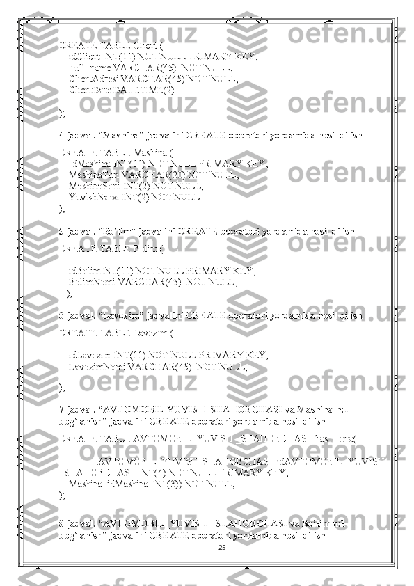 CREATE TABLE  Client  (
     idClient INT(11) NOT NULL PRIMARY KEY,
     Full_name VARCHAR(45)  NOT NULL,
     ClientAdresi VARCHAR(45) NOT NULL,
     ClientDate DATETIME(2)
    
);
4-jadval. “Mashina” jadvalini CREATE operatori yordamida hosil qilish
CREATE TABLE  Mashina  (
     Id Mashina  INT(11) NOT NULL PRIMARY KEY,
     Mashina Turi VARCHAR(20) NOT NULL,
     Mashina Soni INT(2) NOT NULL,
     YuvishNarxi  INT(2) NOT NULL
);
5-jadval. “Bo’lim” jadvalini CREATE operatori yordamida hosil qilish
CREATE TABLE Bolim   (
     idBolimINT(11) NOT NULL PRIMARY KEY,
     BolimNomi VARCHAR(45)  NOT NULL,
    );
6-jadval. “Lavozim” jadvalini CREATE operatori yordamida hosil qilish
CREATE TABLE Lavozim   (
     idLavozim INT(11) NOT NULL PRIMARY KEY,
     LavozimNomi VARCHAR(45)  NOT NULL,
       
);
7-jadval. “ AVTOMOBIL YUVISH  SHAHOBCHASI   va Mashina n:1 
bog’lanish” jadvalini CREATE operatori yordamida hosil qilish
CREATE TABLE  AVTOMOBIL_YUVISH _SHAHOBCHASI _has_Hona(
      AVTOMOBIL_YUVISH_SHAHOBCHASI _id AVTOMOBIL_YUVISH
_SHAHOBCHASI   INT(4) NOT NULL PRIMARY KEY,
     Mashina_idMashina INT(3)) NOT NULL,    
);
8-jadval. “ AVTOMOBIL_YUVISH _SHAHOBCHASI   va Bo’lim n:1 
bog’lanish” jadvalini CREATE operatori yordamida hosil qilish
25 