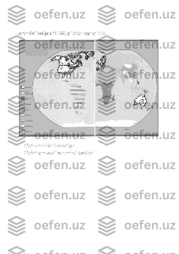 Jahon   sivilizasiyalari:   1990- yillardan   keyingi   holat.
G’arb   tomonidan   boshqarilgan
G’arbning   mustaqil   va   nominal   davlatlari 
