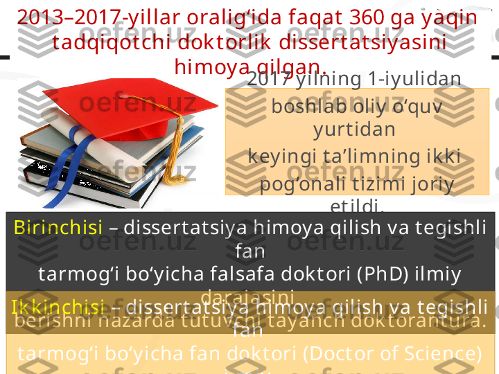 2013–2017-y illar oralig‘ida faqat  360 ga y aqin 
t adqiqot chi dok t orlik  dissert at siy asini 
himoy a qilgan.
2017 y ilning 1-iy ulidan 
boshlab oliy  o‘quv  
y urt idan 
k ey ingi t a’limning ik k i 
pog‘onali t izimi joriy  
et ildi.
Birinchisi  – dissert at siy a himoy a qilish v a t egishli 
fan
t armog‘i bo‘y icha falsafa dok t ori (PhD) ilmiy  
darajasini 
berishni nazarda t ut uv chi t ay anch dok t orant ura.Ik k inchisi  – dissert at siy a himoy a qilish v a t egishli 
fan 
t armog‘i bo‘y icha fan dok t ori (Doct or of Science) 
ilmiy  
darajasini  berishni nazarda t ut uv chi 
dok t orant ura t izimidir 