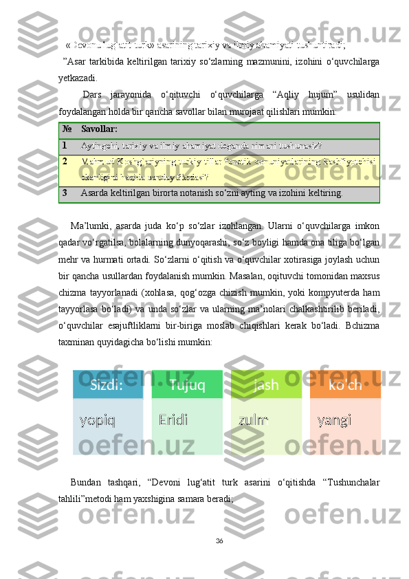 – «Devonu lug`atit-turk» asarining tarixiy va ilmiy ahamiyati tushuntiradi;
– ”Asar   tarkibida   keltirilgan   tarixiy   so‘zlarning   mazmunini,   izohini   o‘quvchilarga
yetkazadi.
Dars   jarayonida   o‘qituvchi   o‘quvchilarga   “Aqliy   hujum”   usulidan
foydalangan holda bir qancha savollar bilan murojaat qilishlari mumkin:
№ Savollar:
1 Aytingchi, tarixiy va ilmiy ahamiyat deganda nimani tushunasiz?
2 Mahmud   K oshg`ariyning  turkiy  tillar   fonetik  qonuniyatlarining  kashfiyotchisi
ekanlig ini   haqida   qanday   fikrdasi ?
3 Asarda keltirilgan birorta notanish so‘zni ayting va izohini keltiring.
Ma’lumki,   asarda   juda   ko‘p   so‘zlar   izohlangan.   Ularni   o‘quvchilarga   imkon
qadar vo‘rgatilsa, bolalarning dunyoqarashi, so‘z boyligi hamda ona tiliga bo‘lgan
mehr va hurmati ortadi. So‘zlarni o‘qitish va o‘quvchilar xotirasiga joylash uchun
bir qancha usullardan foydalanish mumkin. Masalan, oqituvchi tomonidan maxsus
chizma   tayyorlanadi   (xohlasa,   qog‘ozga   chizish   mumkin,   yoki   kompyuterda   ham
tayyorlasa   bo‘ladi)   va   unda   so‘zlar   va   ularning   ma’nolari   chalkashtirilib   beriladi,
o‘quvchilar   esajuftliklarni   bir-biriga   moslab   chiqishlari   kerak   bo‘ladi.   Bchizma
taxminan quyidagicha bo‘lishi mumkin:
Bundan   tashqari,   “Devoni   lug‘atit   turk   asarini   o‘qitishda   “Tushunchalar
tahlili”metodi ham yaxshigina samara beradi;
36Sizdi	: 	
yopiq	
Tujuq	
Eridi 	
jash	
zulm	
ko'ch	
yangi         