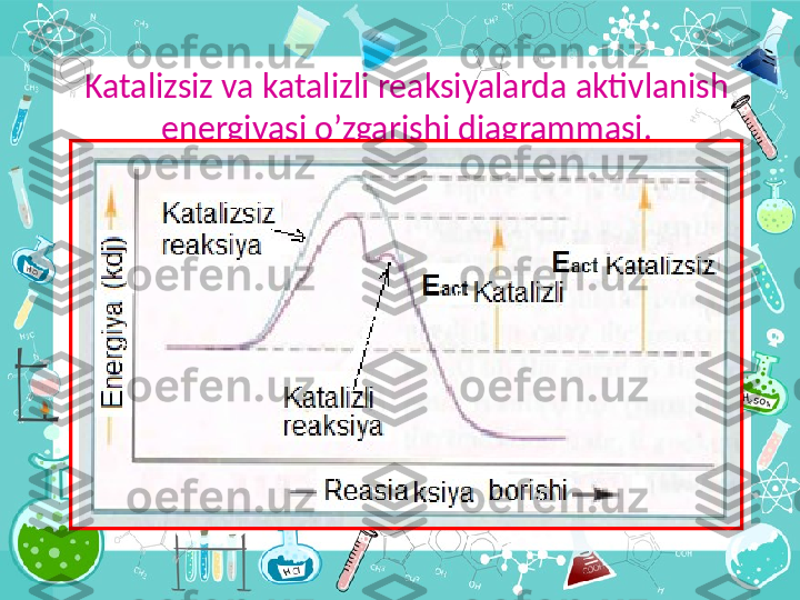 Katalizsiz va katalizli reaksiyalarda aktivlanish 
energiyasi o’zgarishi diagrammasi. 