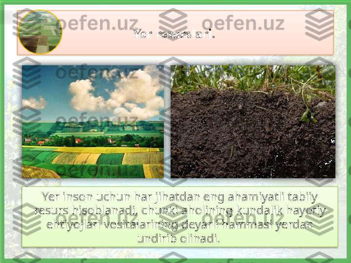 Yer resurslari. 
Yer inson uchun har jihatdan eng ahamiyatli tabiiy 
resurs hisoblanadi, chunki aholining kundalik hayotiy 
ehtiyojlari vosita larining deyarli hammasi yerdan 
undirib olinadi.        